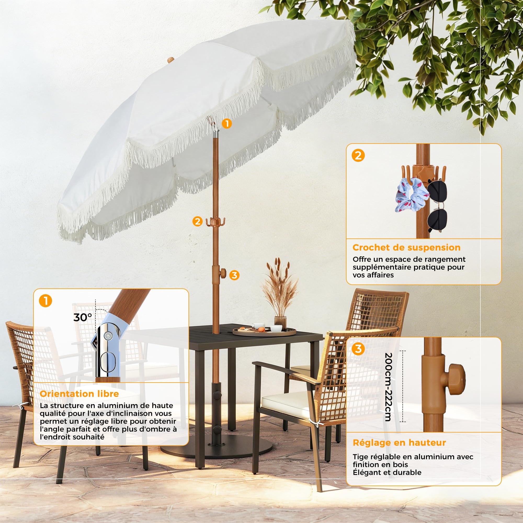 HOMEDEMO Parasol de plage à franges 200 cm, adapté jardin, marché et terrasse, rond blanc avec housse de protection, protection UV50+