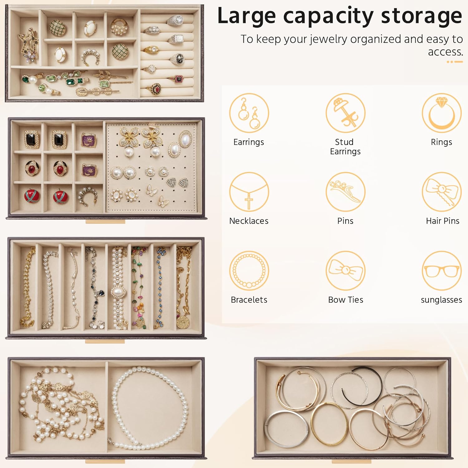 AKOZLIN 5-Tier Jewelry Box with Clear Glass Lid Functional Leather Jewelry Storage Organizer Case 4 Drawers for Women Girls Necklace Ring Bracelet Earring