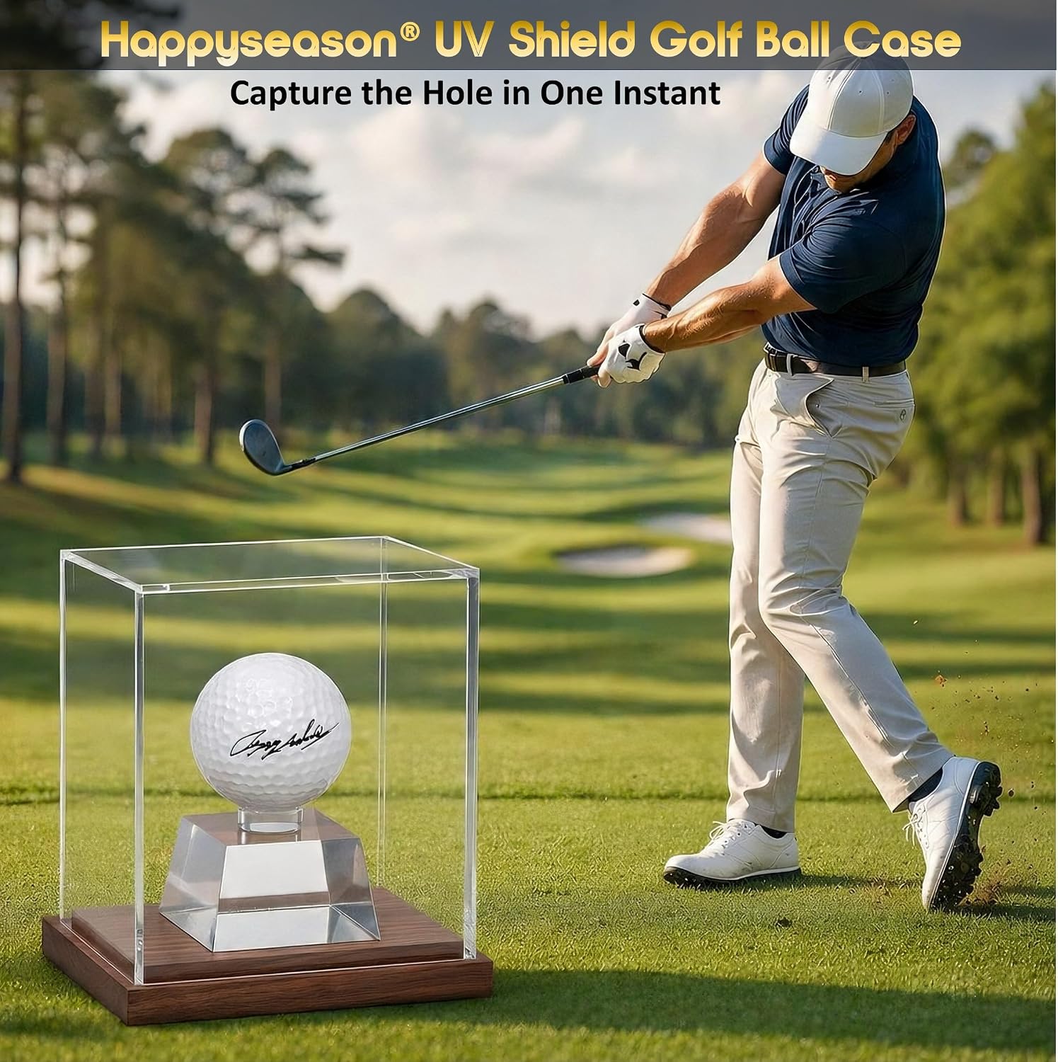 Happyseason Golf Ball Display Case Black Walnut, SGS Tested 93.8% UV-Protected Acrylic, Solid Tapered Pedestal Stand, Autographed Hole-in-One Sports Memorabilia Holder, No Assembly, Premium Gift Box