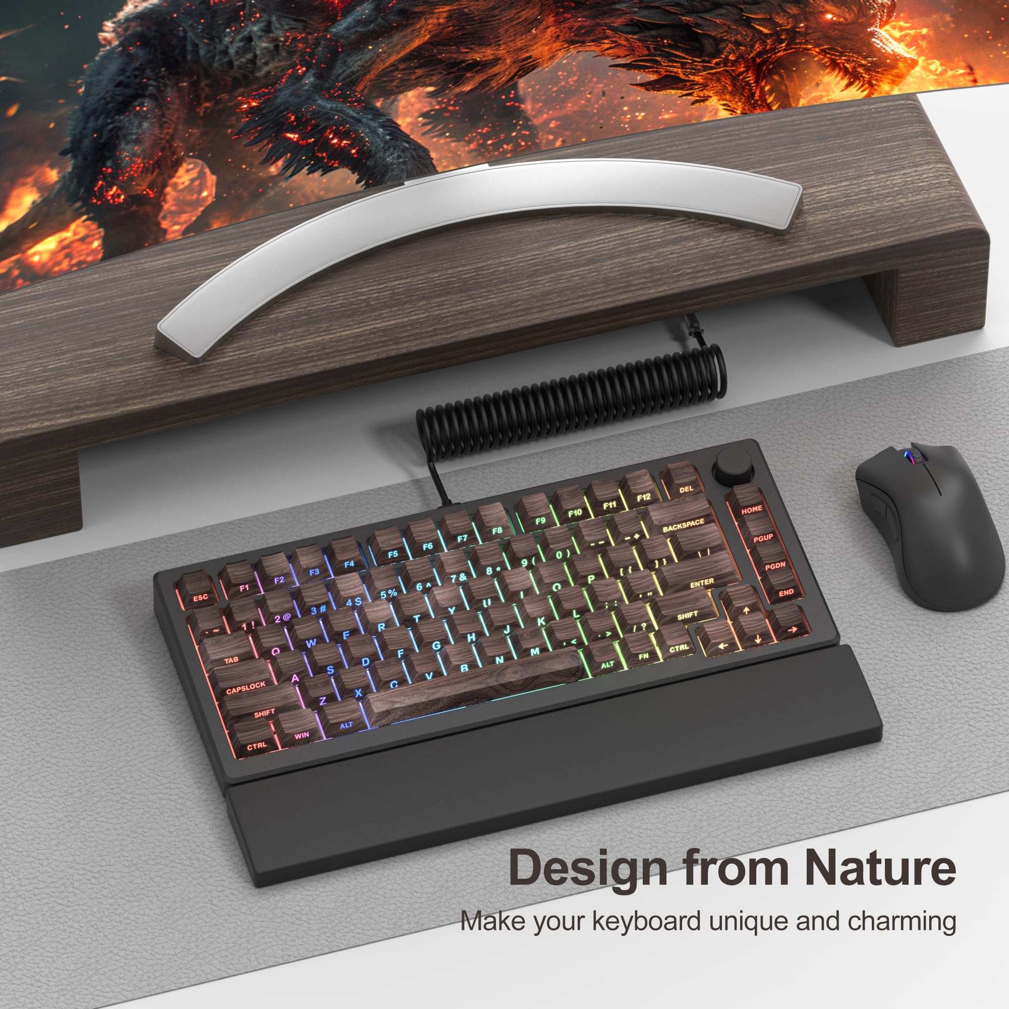 PBT Keycaps, 135 touches Cherry Profile Shine Through Custom Keycaps, impression latérale ANSI US Double Shot pour clavier mécanique, textures noyer