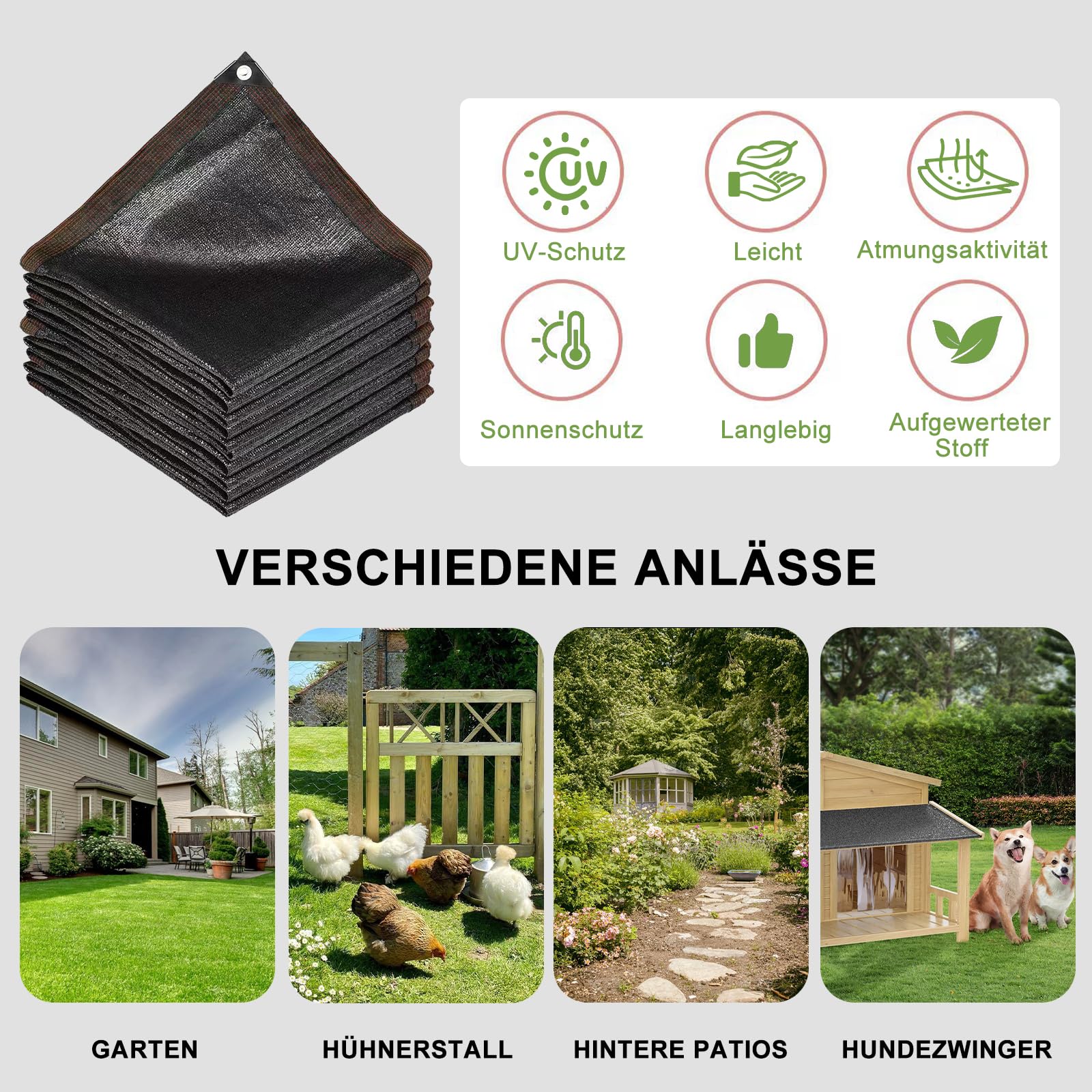 Schattierungsnetz 6x6m, Schattiernetz mit Ösen, 40% UV-Beständiges Schwarz Sonnensegel Atmungsaktiv Beschattungsnetz für Balkon, Pergola, Gewächshaus, Garten