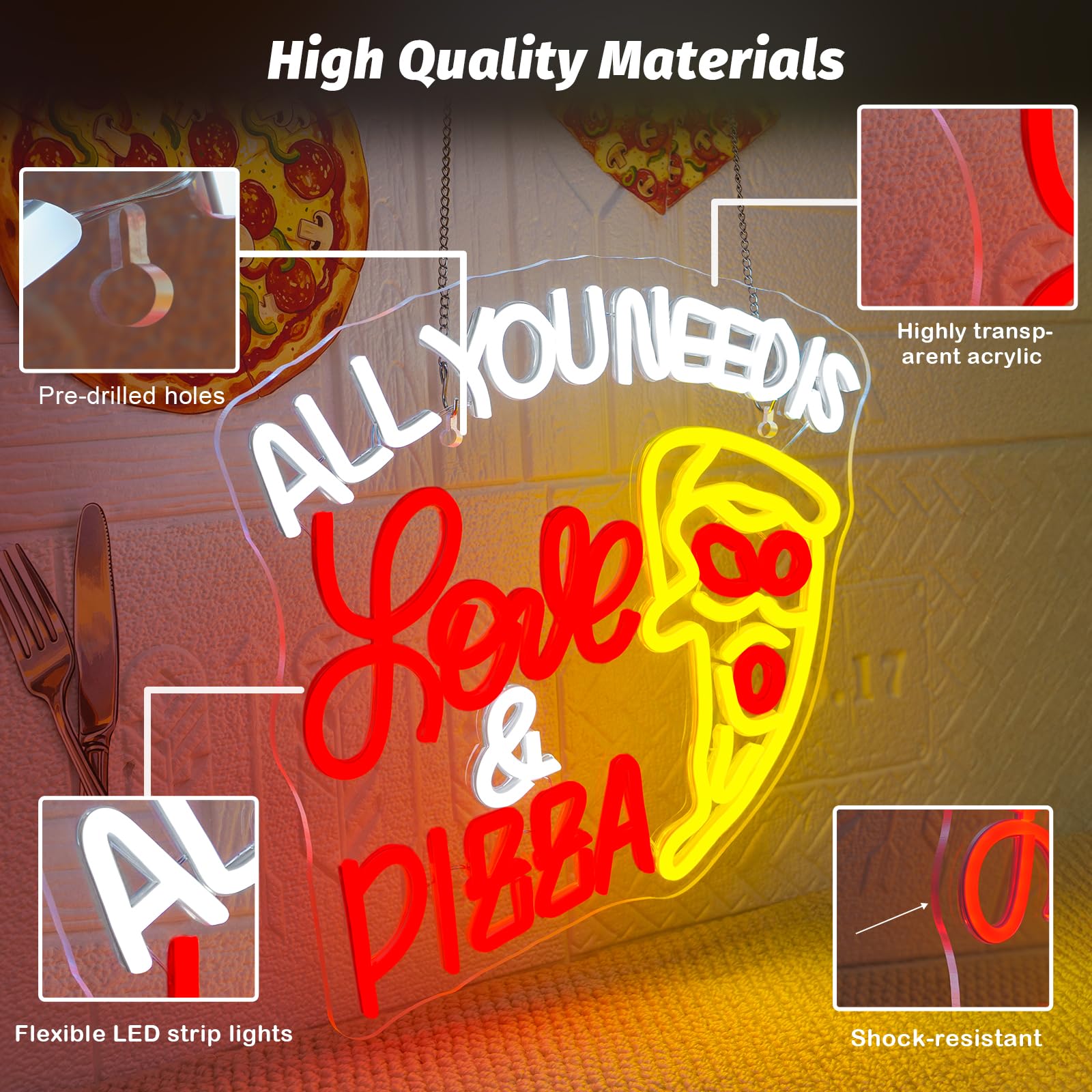 All You Need Is Love & Pizza Insegna Led Pizza Lampada Neon USB Dimmerabile Insegna al Neon Decorazione Letter Insegne Luminosee per Pizzeria Negozio, Regalo, Camera da Letto, Ristorante, Cucina