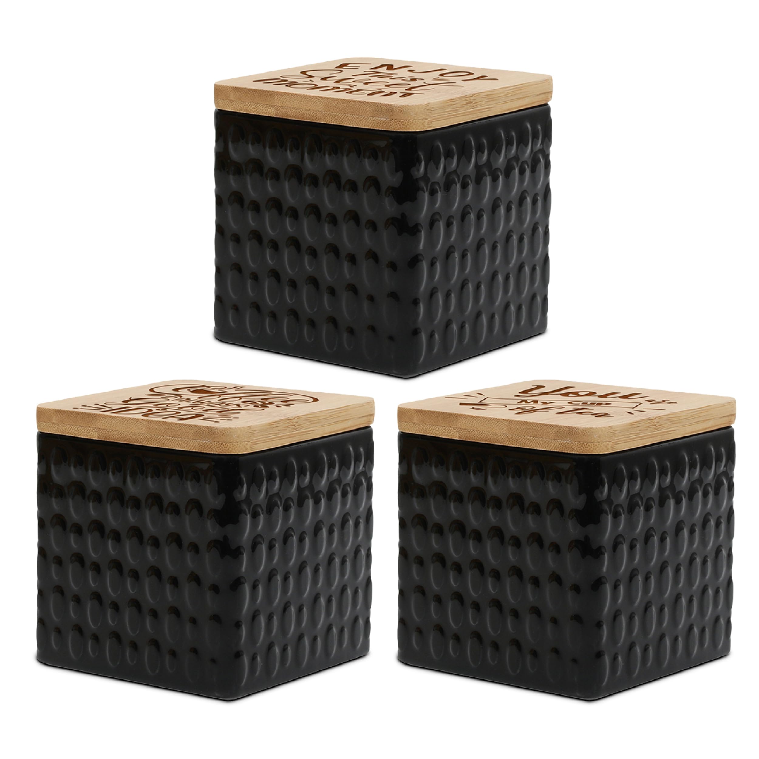 WiseAccordio® Set of 3 Black Embossed Drops Square Storage Jars|Ceramic Canister|Tea Coffee Sugar Jar Kitchen Storage Set |Silicone sealed lid |Bamboo Lid