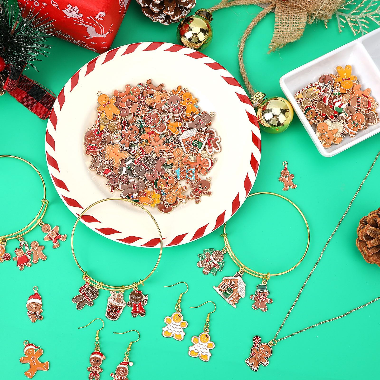 MARFOREVER 120 PCS Christmas Gingerbread Man Snowman Charms, Christmas Charms for Jewelry Making Assorted Enamel Winter Gingerbread Xmas Charm Pendants for Bracelet Necklace Earrings Making Supplies