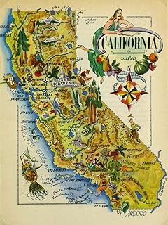 Retro Illustrated California Map for Garage Yard Home Outdoor 8x12 Inch