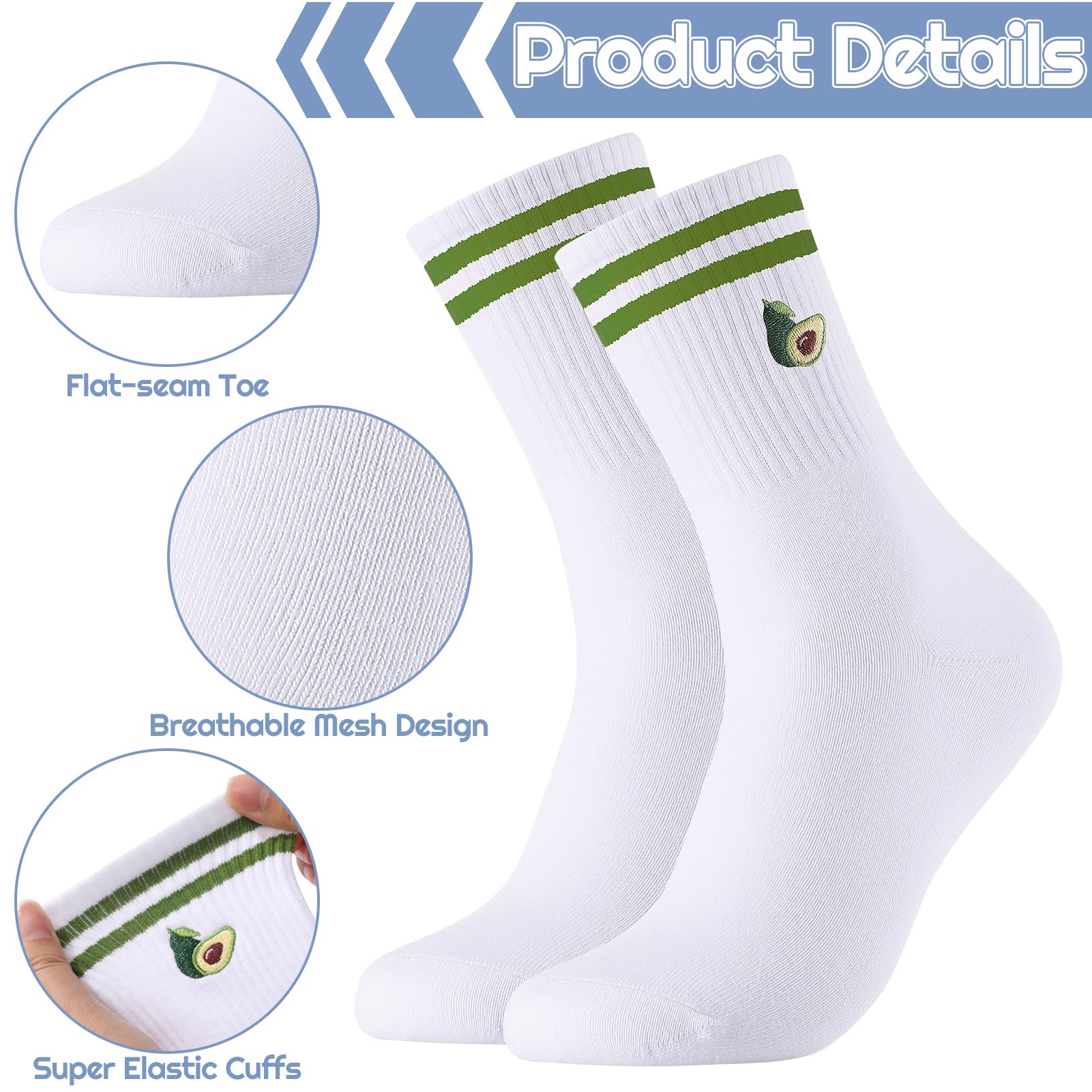 Utensilsto Lot de 6 paires de chaussettes de tennis pour femme - 39-42 - Blanc - Avec motif rayures de fruits - Chaussettes en coton - Cadeau amusant pour femme - Tennis - Course - Travail - Sport