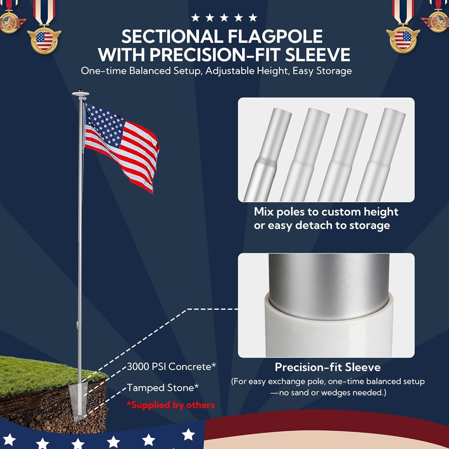 Yescom Bravery 20Ft Sectional Flag Pole Kit with Solar Light Aluminum Flagpole Set for Outside House In-Ground Yard Garden Residential Commercial with US Flag & Ball Top Silver