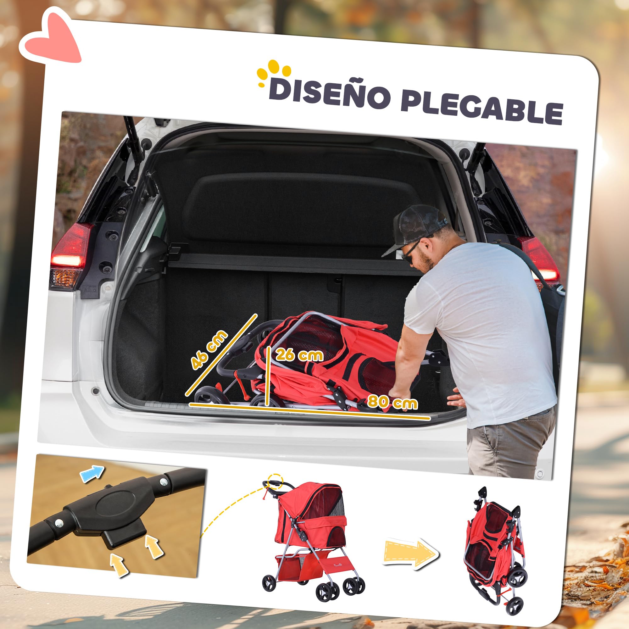 PawHut Carrito para Perros Plegable Cochecito para Mascotas Carrito para Perros Pequeños con Toldo Ajustable Cesta de Almacenaje 2 Ruedas Universales Carga 15 kg 77x45x99,5 cm Rojo