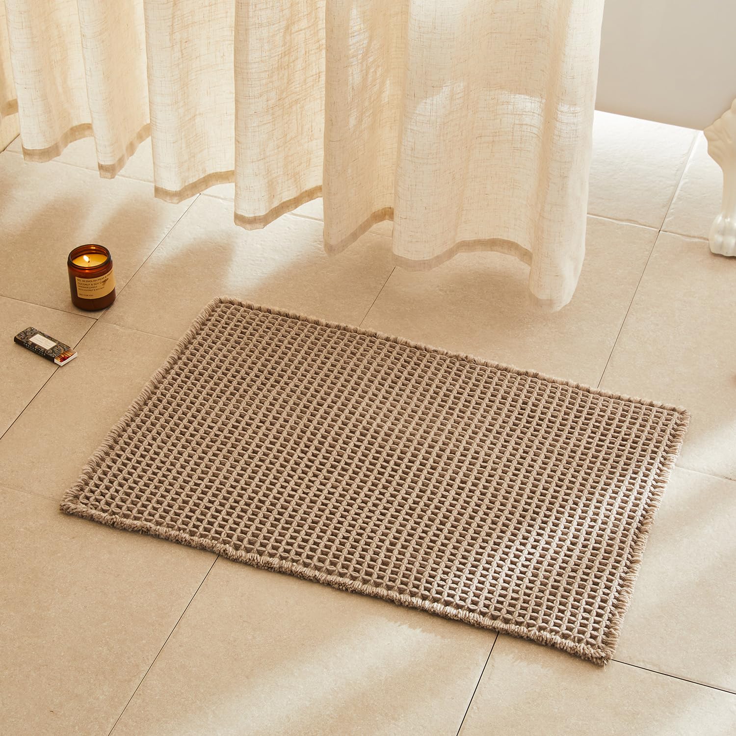 TYUU Waffle Bath Mat, Boho Bathroom Rugs Non Slip, 30x20 Beige