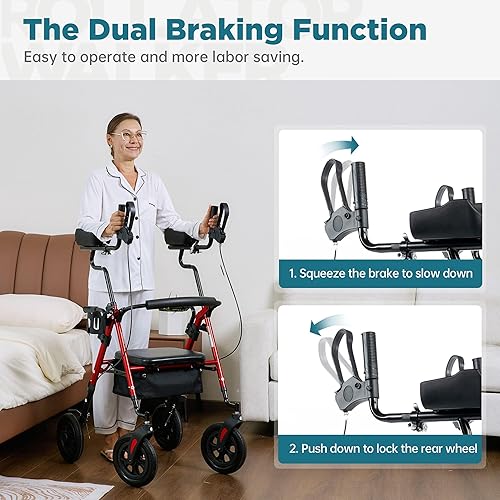 Miniatura 4 de ELENKER Andador Vertical Todo Terreno, Andador Rodante de Pie con Ruedas Grandes de PU de 10'' y Reposabrazos Acolchados Ajustables para Personas