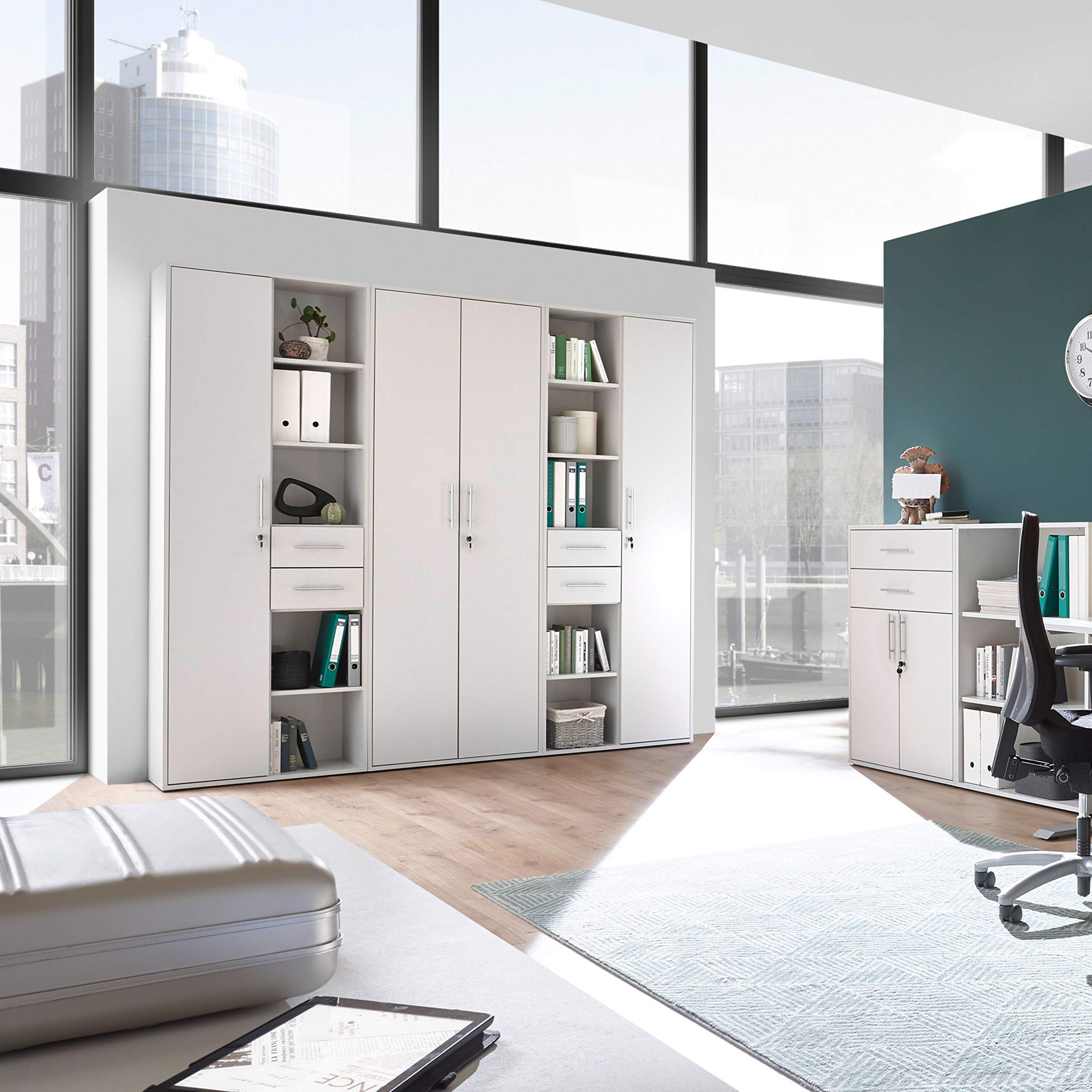 Stella Trading Pronto Étagère à dossiers verrouillable, Gris Clair - Étagère sur Pied avec Compartiments et tiroirs - Ensemble Complet de mobilier de Bureau Moderne - 80 x 216 x 35 cm (L/H/P)