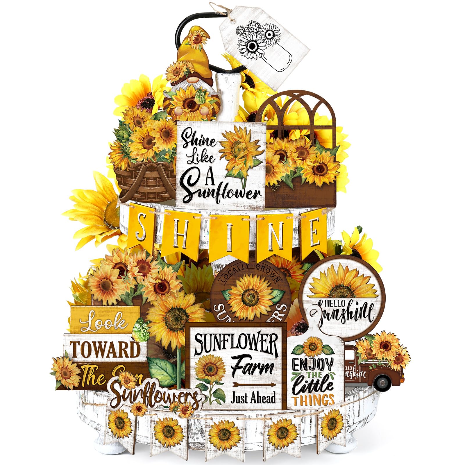 Seeloowy 26 Pcs Christmas Sunflower Tiered Tray Decoration Set Gnome Wood Signs Sunflower Kitchen Decoration Rustic Farmhouse Tiered Tray Table