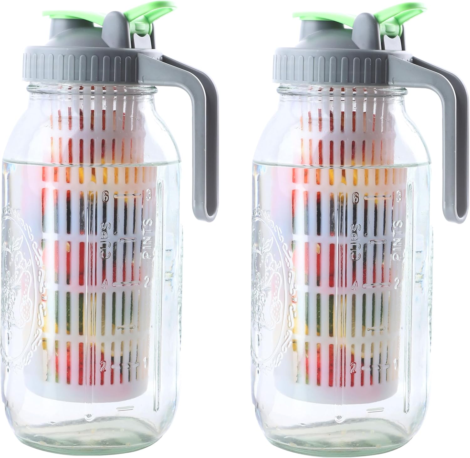 Glass Mason Jar Water Fruit Infuser Pitcher With Lid 64 Oz Wide Mouth Tea Infused Pitchers 2 Quart Sun Tea Jar For Outside Half Gallon Iced Coffee Tea Lemonade Juice Homemade Drinks Container- 2 Set