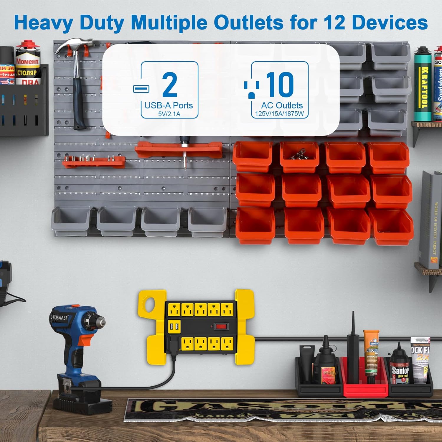 CCCEI Heavy Duty Power Strip with USB Ports, Garage 10 Outlets Surge Protector 2700 Joules, Industrial Workshop Metal 15Amp Multiple Outlets, 10 FT Extension Cord and Wide Spaced Black
