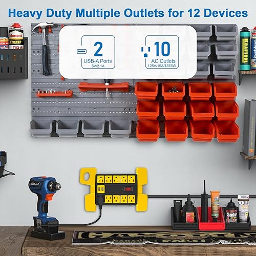 Miniatura 9 de CCCEI Regleta de alimentación resistente con puertos USB, 10 salidas para garaje, protector de sobretensiones de 2700 julios, metal para taller