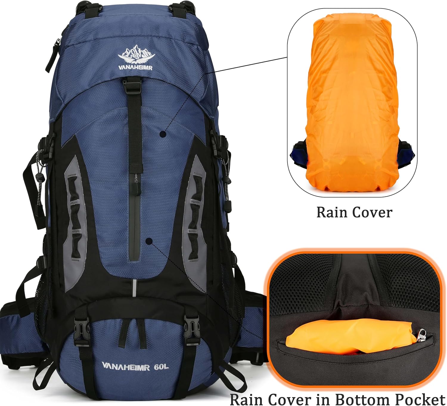 YFREAL 60L Travel Hiking Camping Backpack with Rain Cover,Backpack Water Resistant,Climbing Backpack for Men Women (DEEP BLUE)
