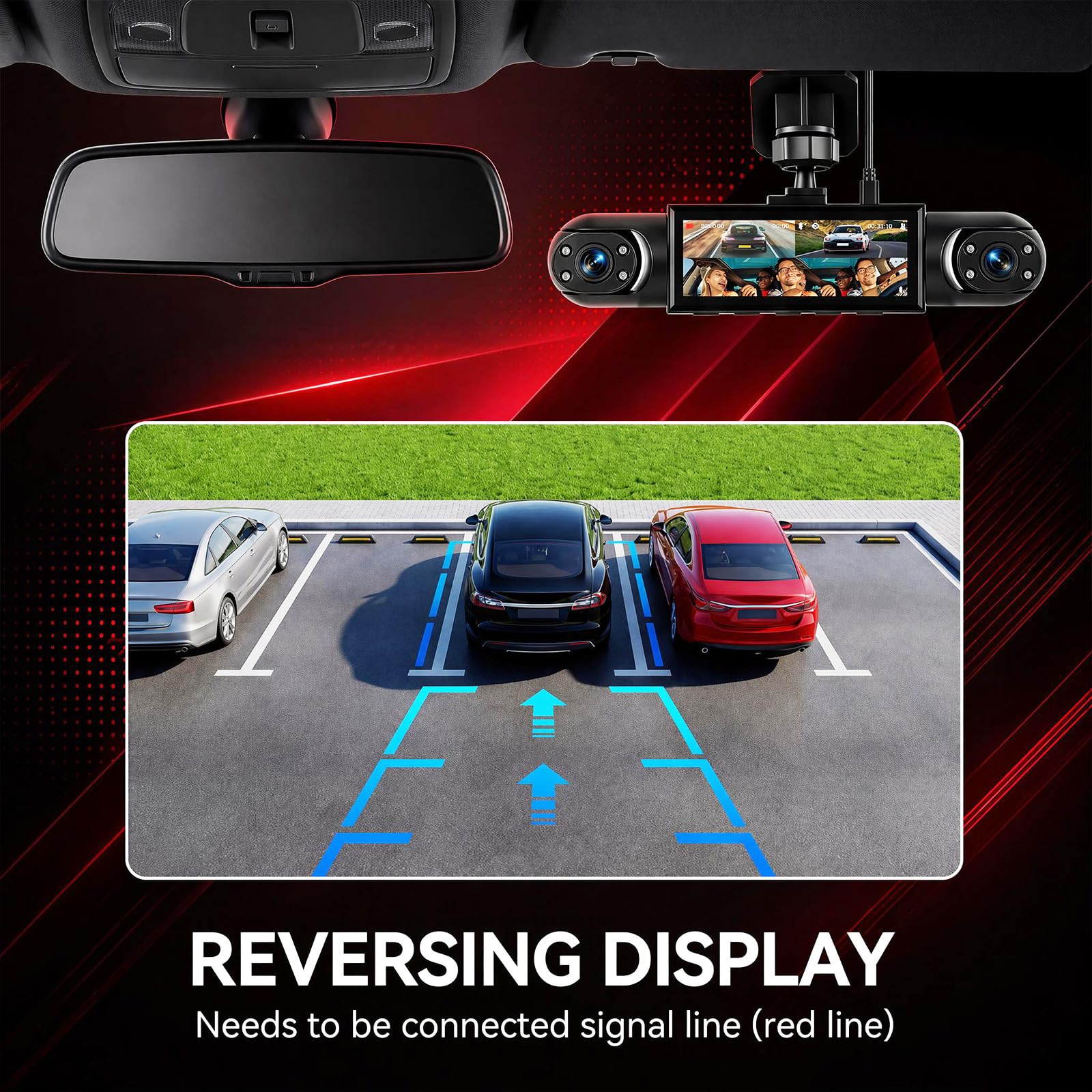 Rimoody Dash Cam Auto 4 kamery samochodowe, kamera Dashcam 3,16 cala, zintegrowana noktowizor, wyczuwanie ruchu, tryb parkowania 24/7, obsługa cofania pamięci 64 GB