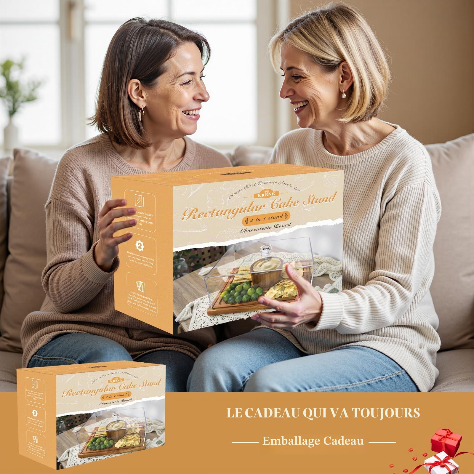 Présentoir à gâteaux rectangulaire en bois d'acacia de 43 cm avec couvercle - Plateau de service et présentoir à desserts 2 en 1, dôme à gâteaux en acrylique incassable (43 cm)