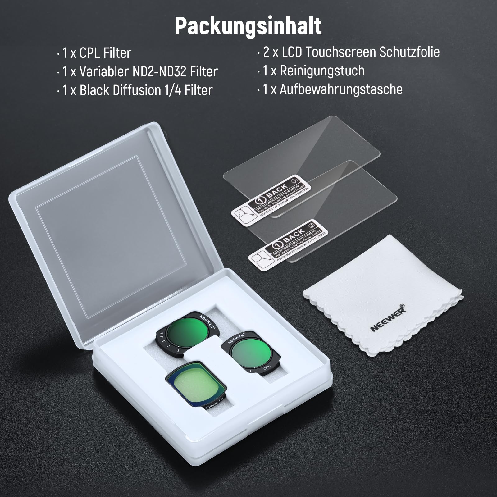 NEEWER Magnetfilterset, kompatibel mit DJI Osmo Pocket 3 / Pocket 4 / Xtra Muse, variabler Neutraldichtefilter ND 2-32 CPL, polarisierender Schwarzdiffusionsfilter 1/4 für filmische Nebeleffekte