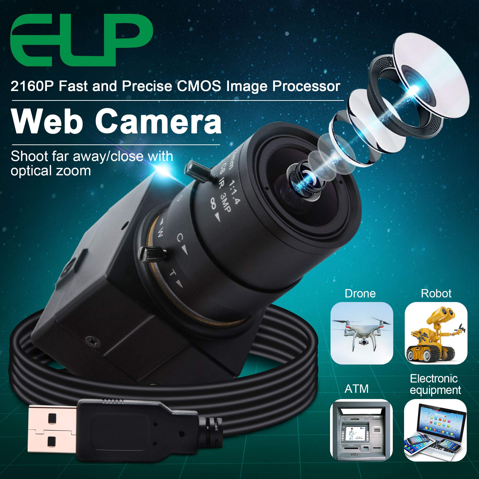 ELP Cámara web 4K Ultra HD 2160P con lente de enfoque manual óptico gran angular de 2.8-12 mm, sensor IMX415 con zoom USB para videoconferencia, Plug and Play para Windows, Linux, Mac