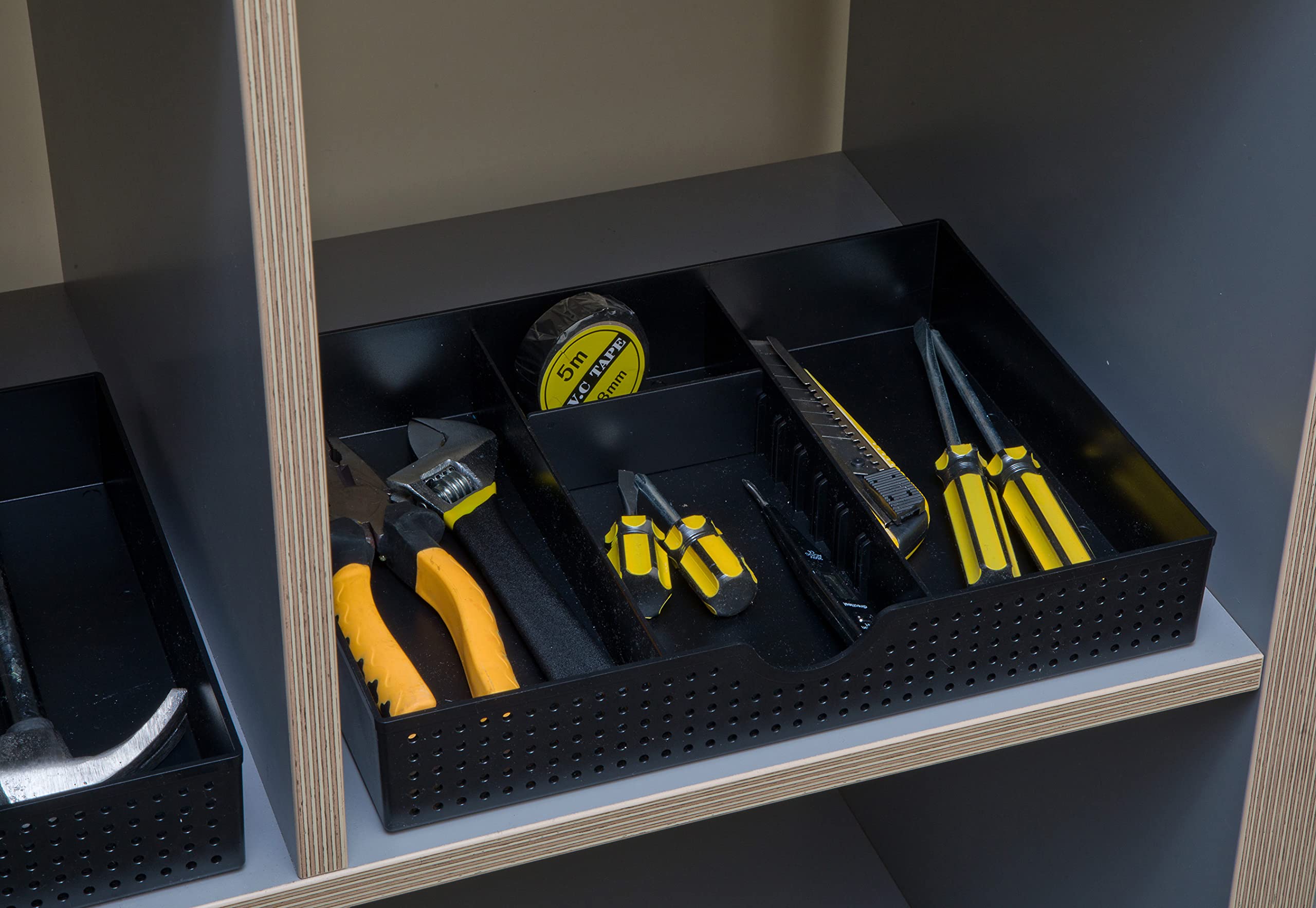 Amtido - Organizer per scrivania con cassetto e accessori per cancelleria da ufficio – 3 scomparti con 2 divisori regolabili – nero – 2 pezzi
