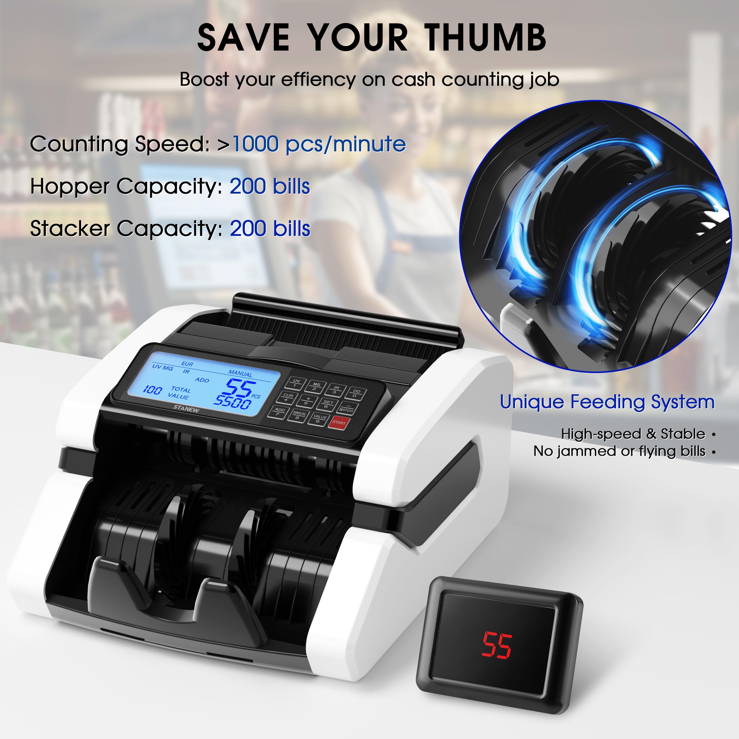 Contadora de Billetes STANEW, Multiple Counting Modes and Single Denomination Totalization Function, UV/MG/IR Detección, Velocidad >1000 PCS/Min, EUR/USD/GBP