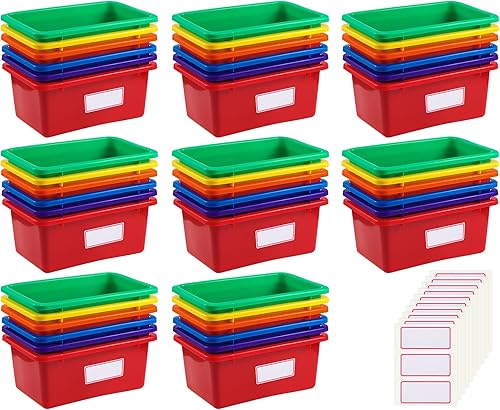 Paquete de 48 contenedores de plástico para libros para el aula, contenedores de juguetes de colores para niños, contenedores de almacenamiento y
