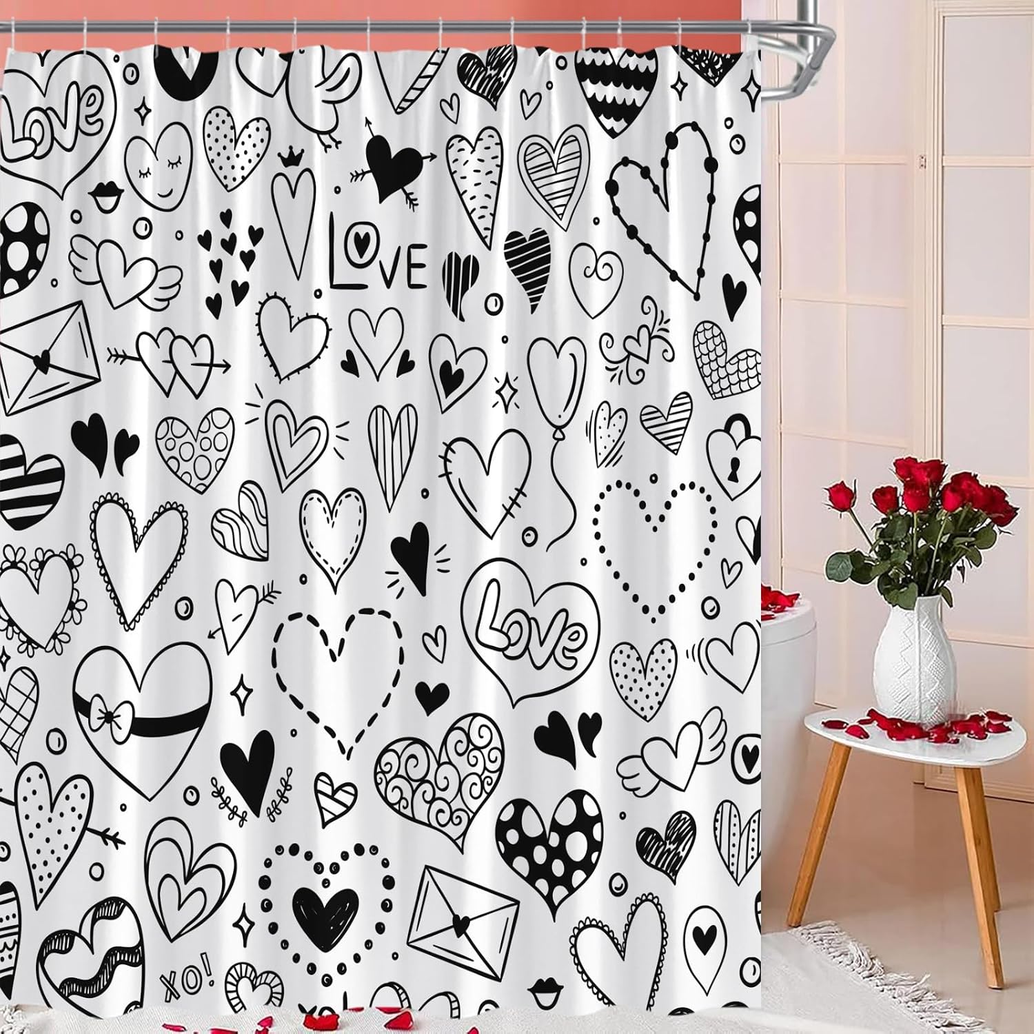 Valentine's Day Shower Curtain Black White Sweet Love Heart Romantic Couple Wedding Abstract Creative Bathroom Decor Fabric Curtain with Hooks
