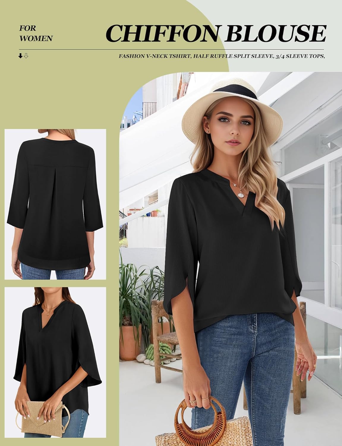 Women's 3/4 Sleeve Chiffon Blouses for Women Dressy Casual, V Neck Double Layers Chiffon Blouses 2025, Tunic Tops - Image 3
