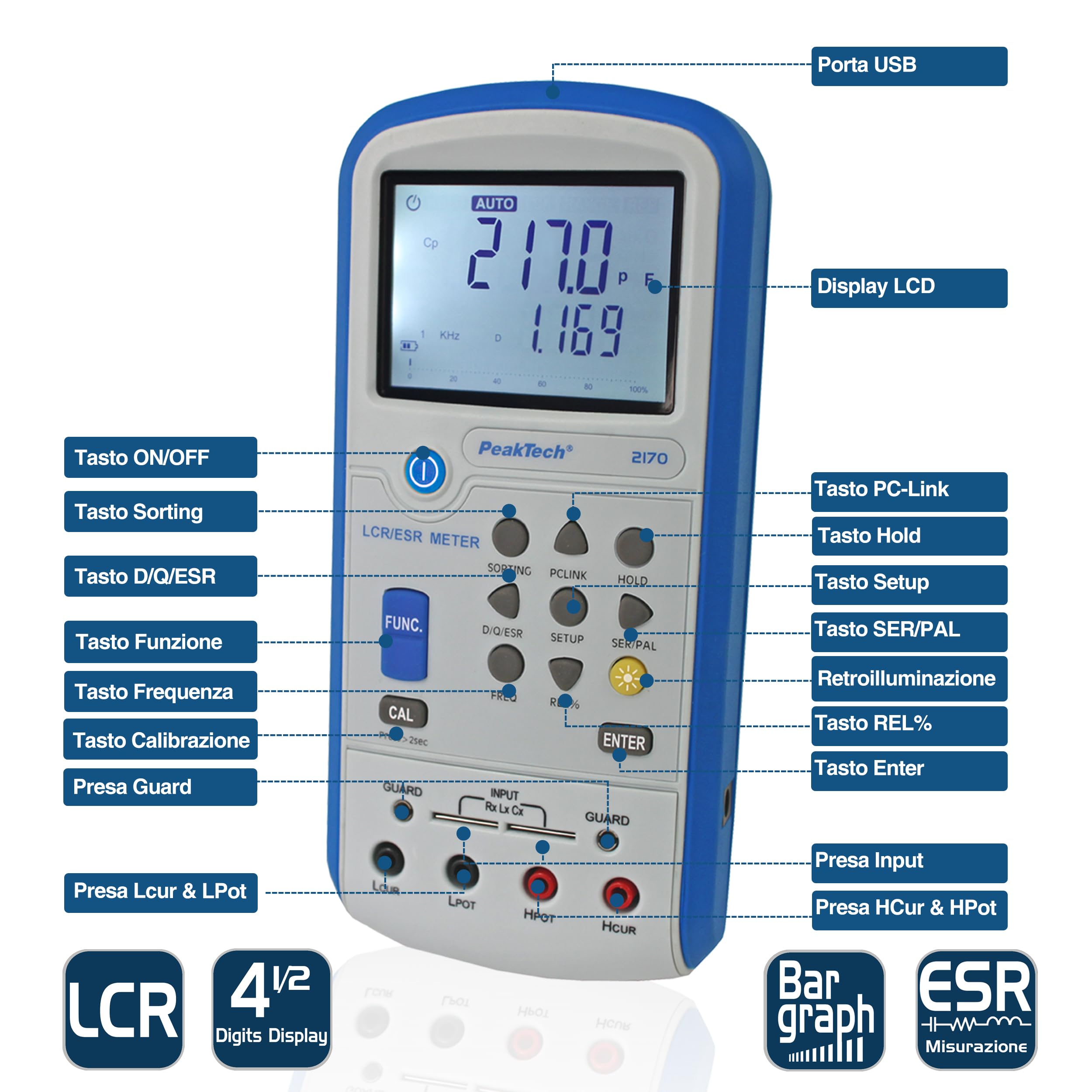 Peaktech 2170 Strumento di Misura Lcr-Esr, Lcr e Esr, con USB, Software Incluso, Rilevamento Automatico Lcr, Frequenza 1/120 Hz, 1/10/100 Khz, Multimetro Digitale, Schermo LCD, Grafico a Barre Lcr