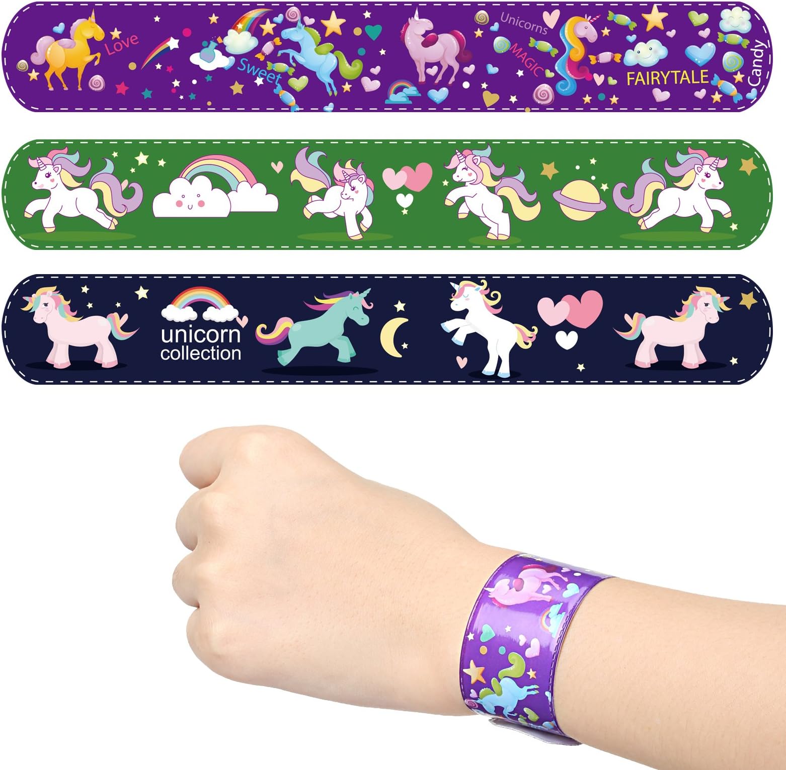 Moncolis Unicorn Party Supplies Favor - Slap Bracelets - Unique Pattern Design for Kids Birthday Halloween Carnival School Classroom Game Prizes Easter (12 Piece)