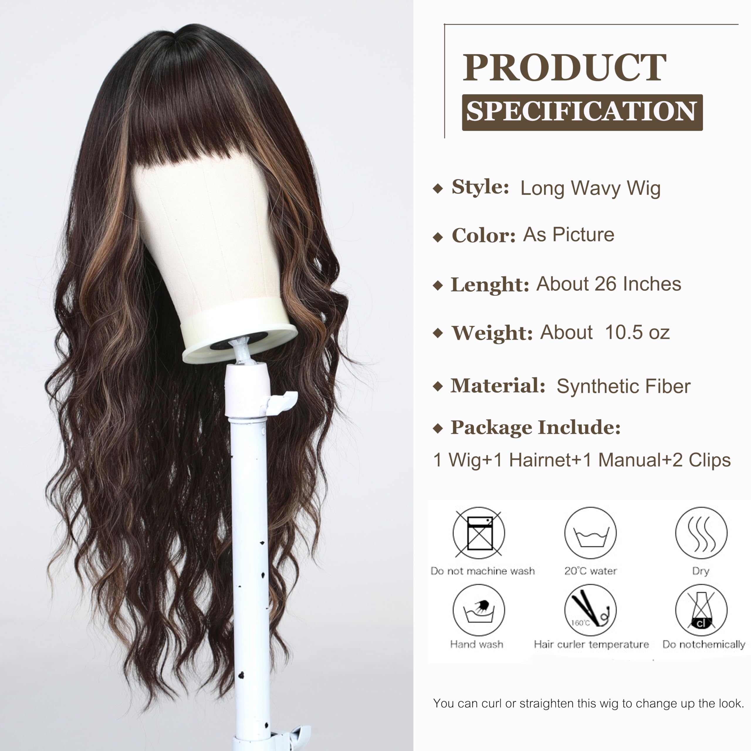 Esmee Long Wavy Brown with Highlight Wigs for Women with Fringe Natural Synthetic Hair Wig for Daily & Party Use - Image 2