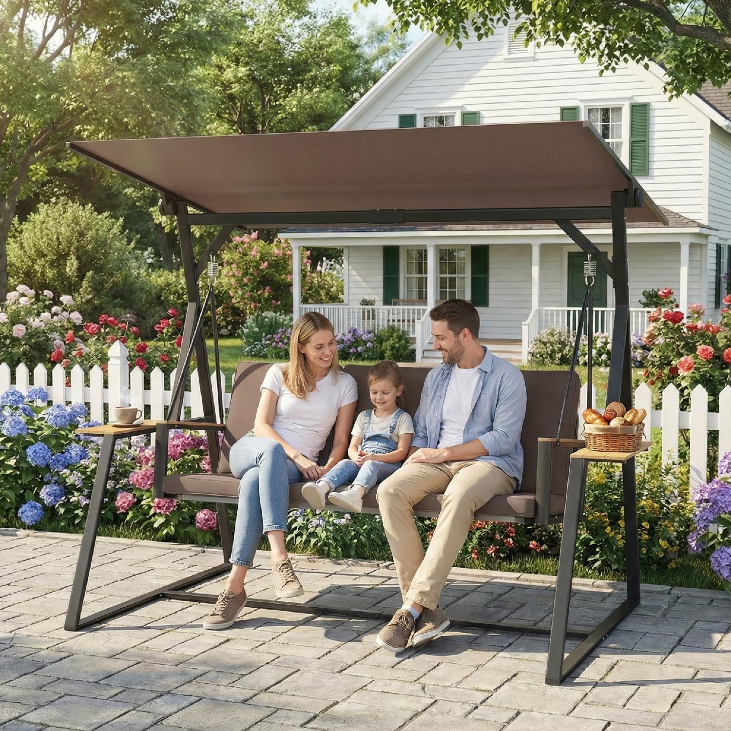 Dondolo da Giardino 3 Posti con Tettuccio Regolabile e Porta Bicchieri in Metallo Dimensioni 222x131x175 cm, Marrone