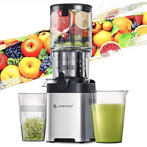 AMZCHEF Cold Press Juicer, Juicers Machines - 5.4" Large Feed Chute for Whole Fruits & Vegetables, Stainless Steel Slow Masticating Juice Easy to Clean, Large Auger, Triple Strainers - Silver - 5.4-inch Feed Chute