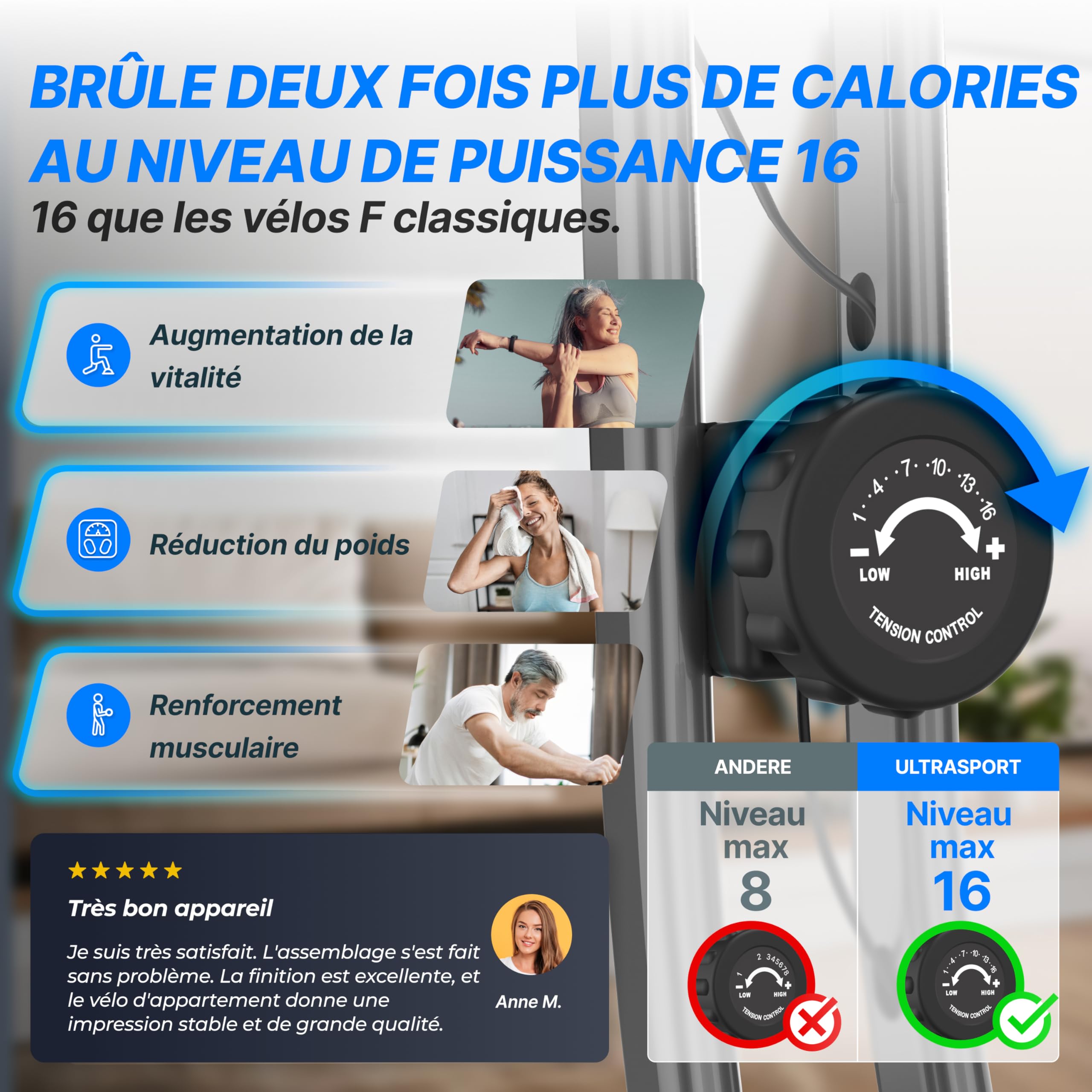 Ultrasport F-Bike Vélo d’Appartement Pliable I Vélos d'Appartement Extra Silencieux jusqu'à 130 kg avec Selle Confort, Velo d Appartement Pliable