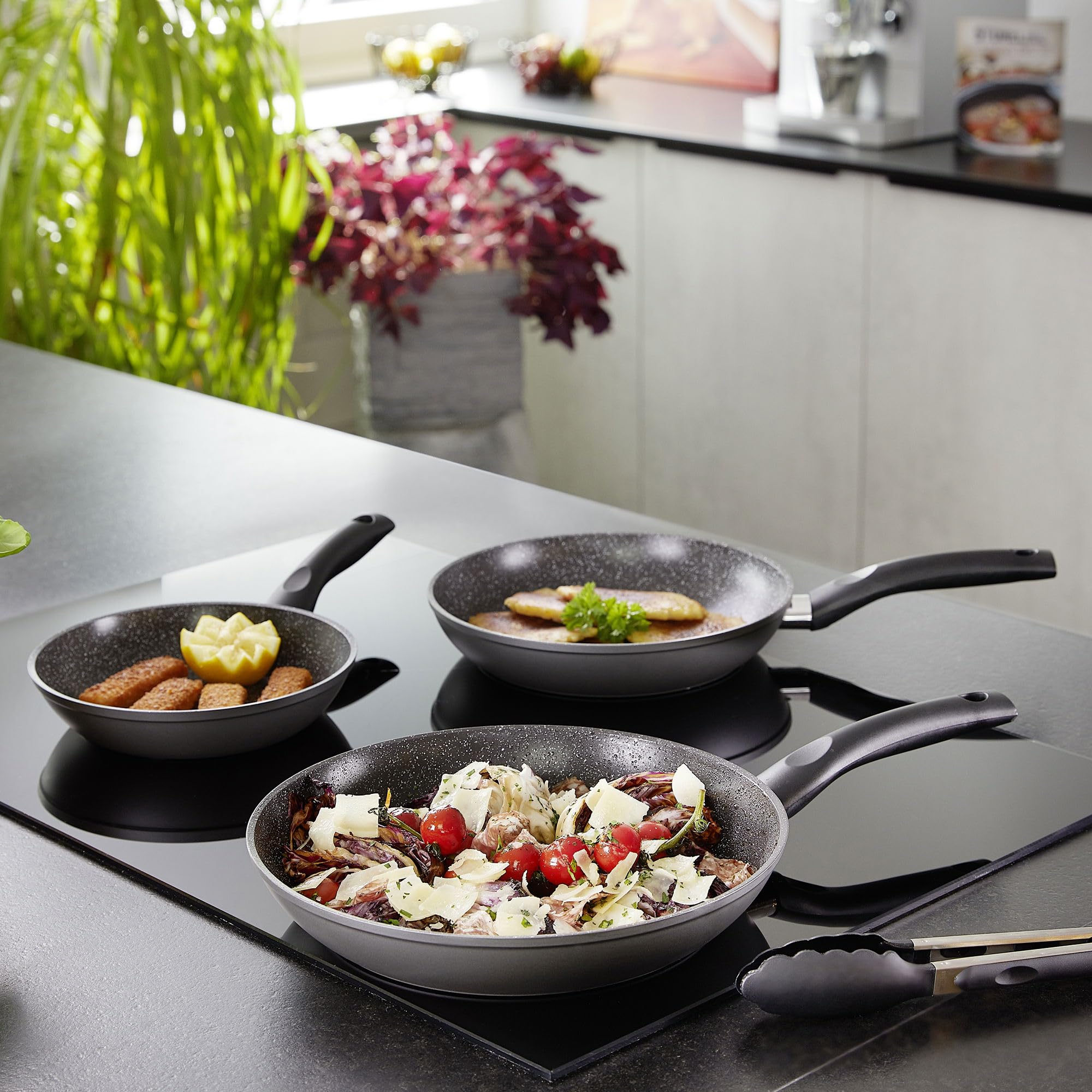 STONELINE Set di Padelle in CERAMICA 3 Pezzi 20/24/28 cm, Padella Antiaderente, Rivestimento Antiaderente con Vere Particelle di Pietra in CERAMICA Senza PFAS, a Induzione, Tutti i Piani Cottura