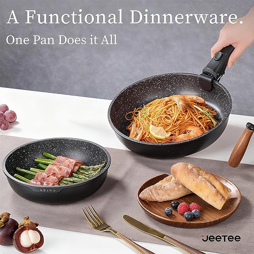 Miniatura 5 de JEETEE Juego de ollas y sartenes antiadherentes, 17 piezas, juegos de utensilios de cocina con mango desmontable, juego de utensilios de cocina