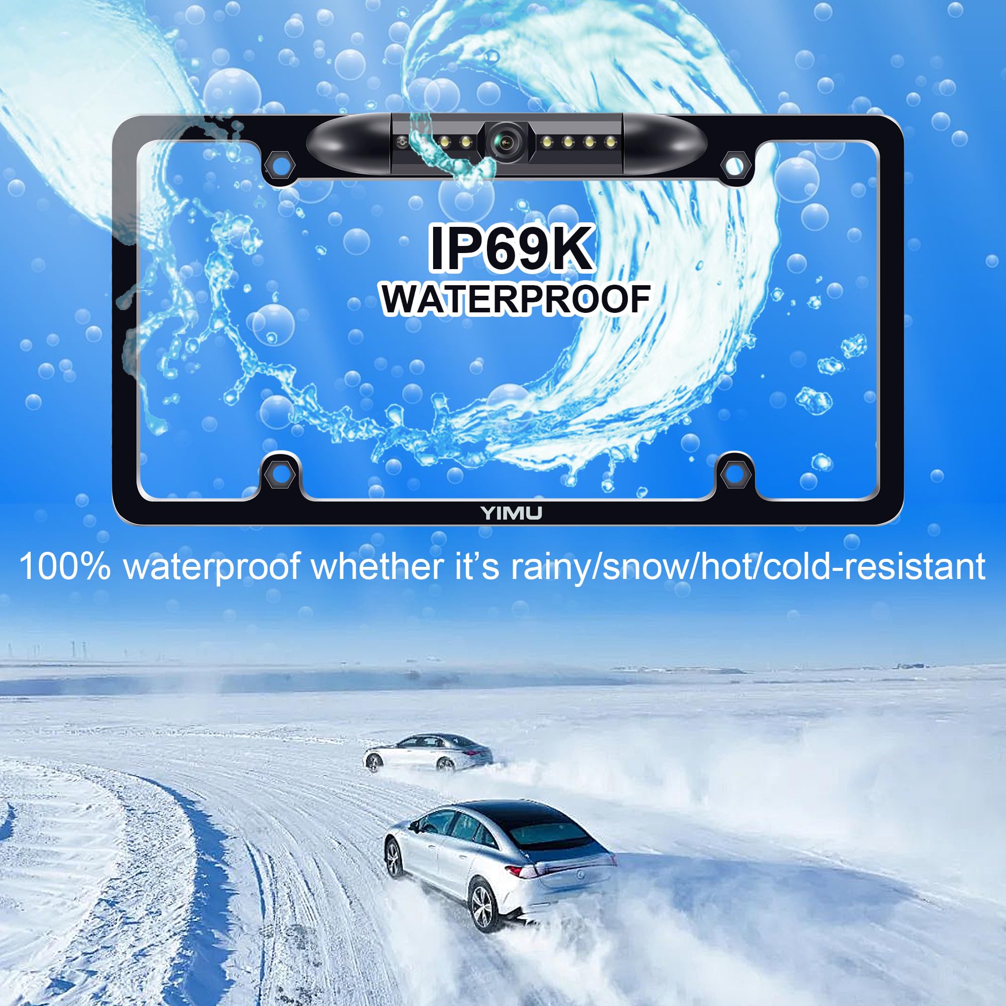 YIMU Backup Camera Vehicle Reversing for Car/SUV/Pickup/Truck/Van/RV/Trailer Single Power Rear View System Driving/Reversing Use IP69 Waterproof Night Vision License Plate Frame Backup Camera