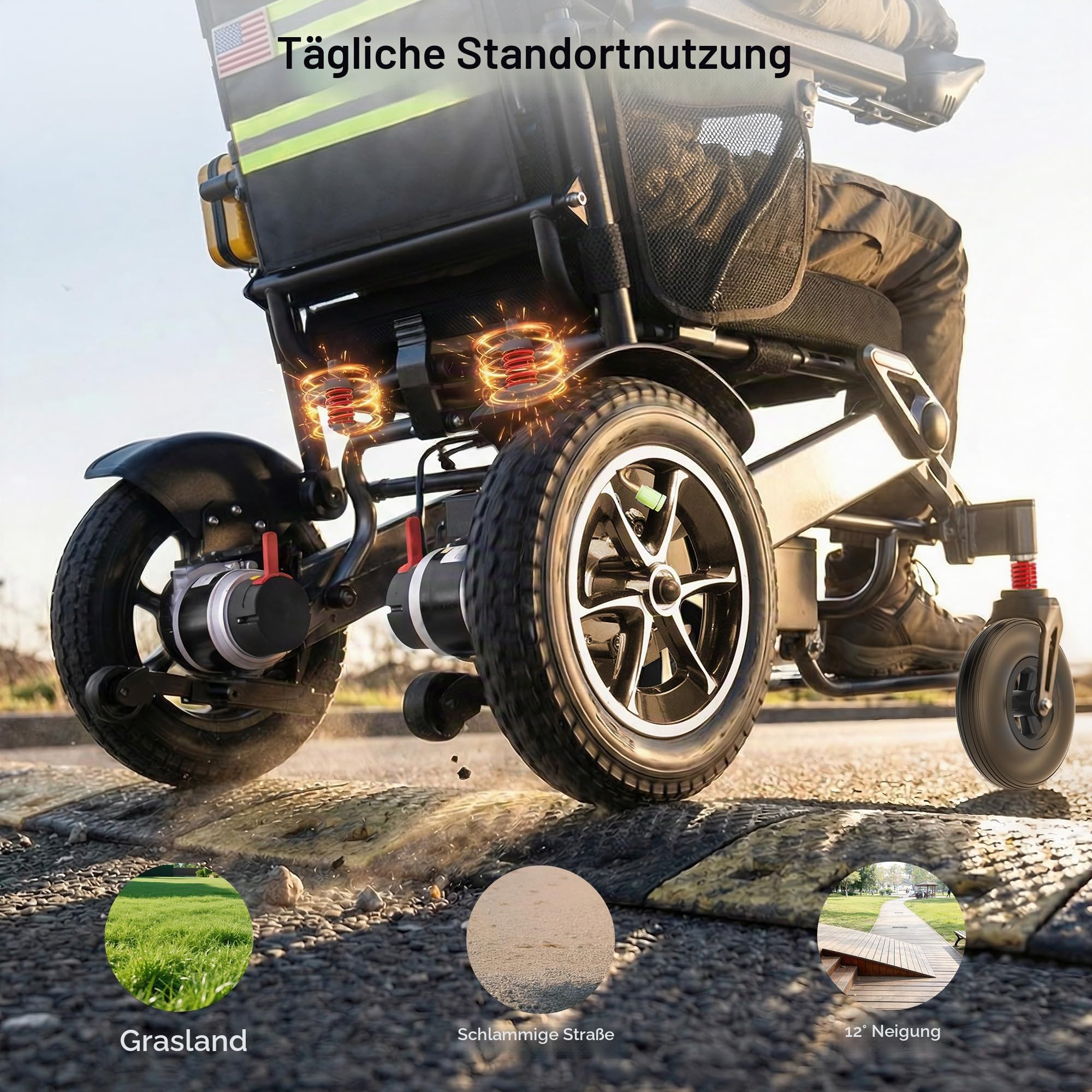 Elektrischer Rollstuhl Faltbar Leicht, 500W All-Terrain Elektrorollstuhl bis 180kg, 25Ah Premium Akku für 48km Reichweite, 13" Große Reifen Rollstuhl Elektrisch für Senioren & Autoreisen