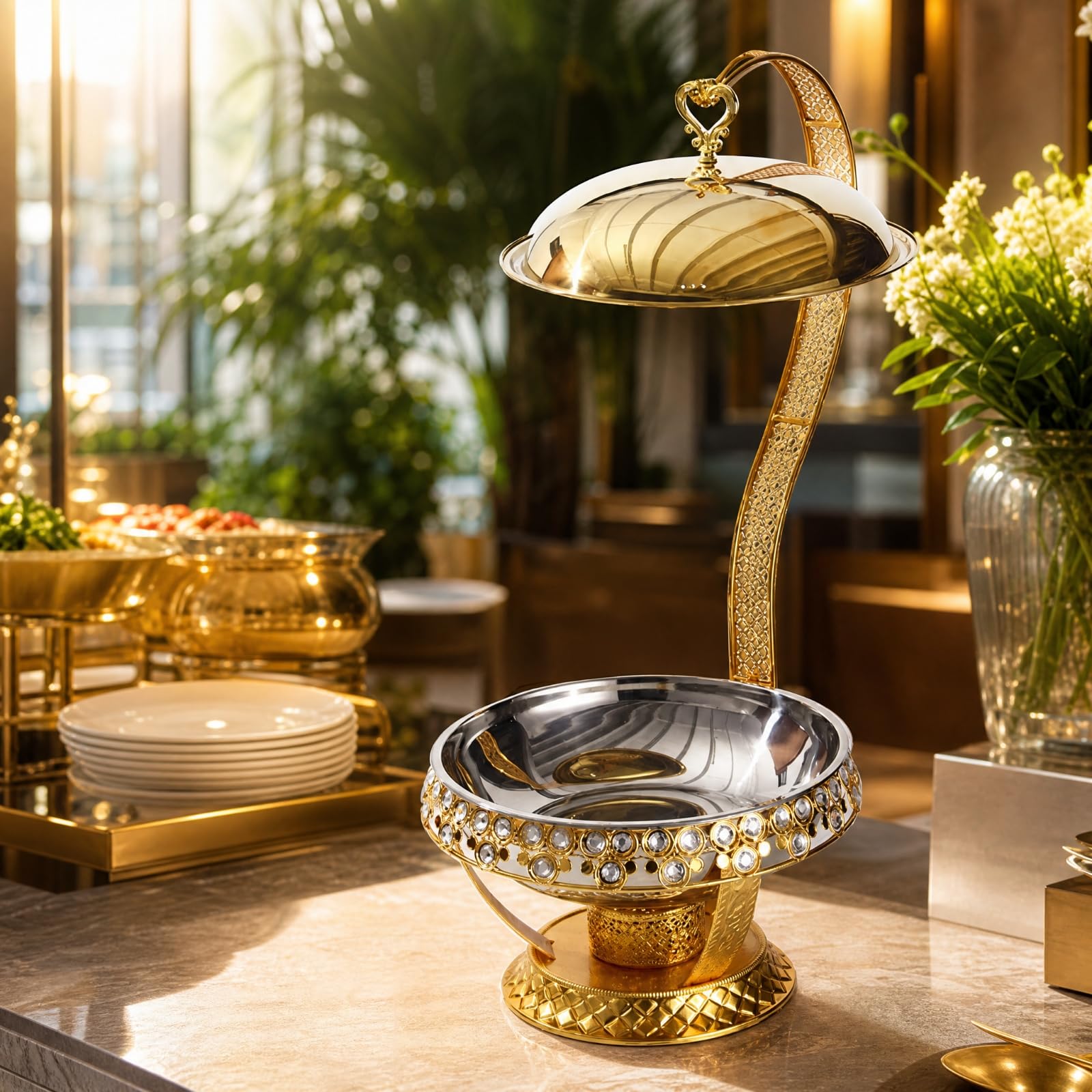 Scaldavivande Buffet con Coperchio Sospeso E Base Rialzata in Metallo Acciaio Inox Dorato per Hotel Ristoranti Eventi All Aperto Cene Cerimonie Adatto, 16 Diamanti Oro