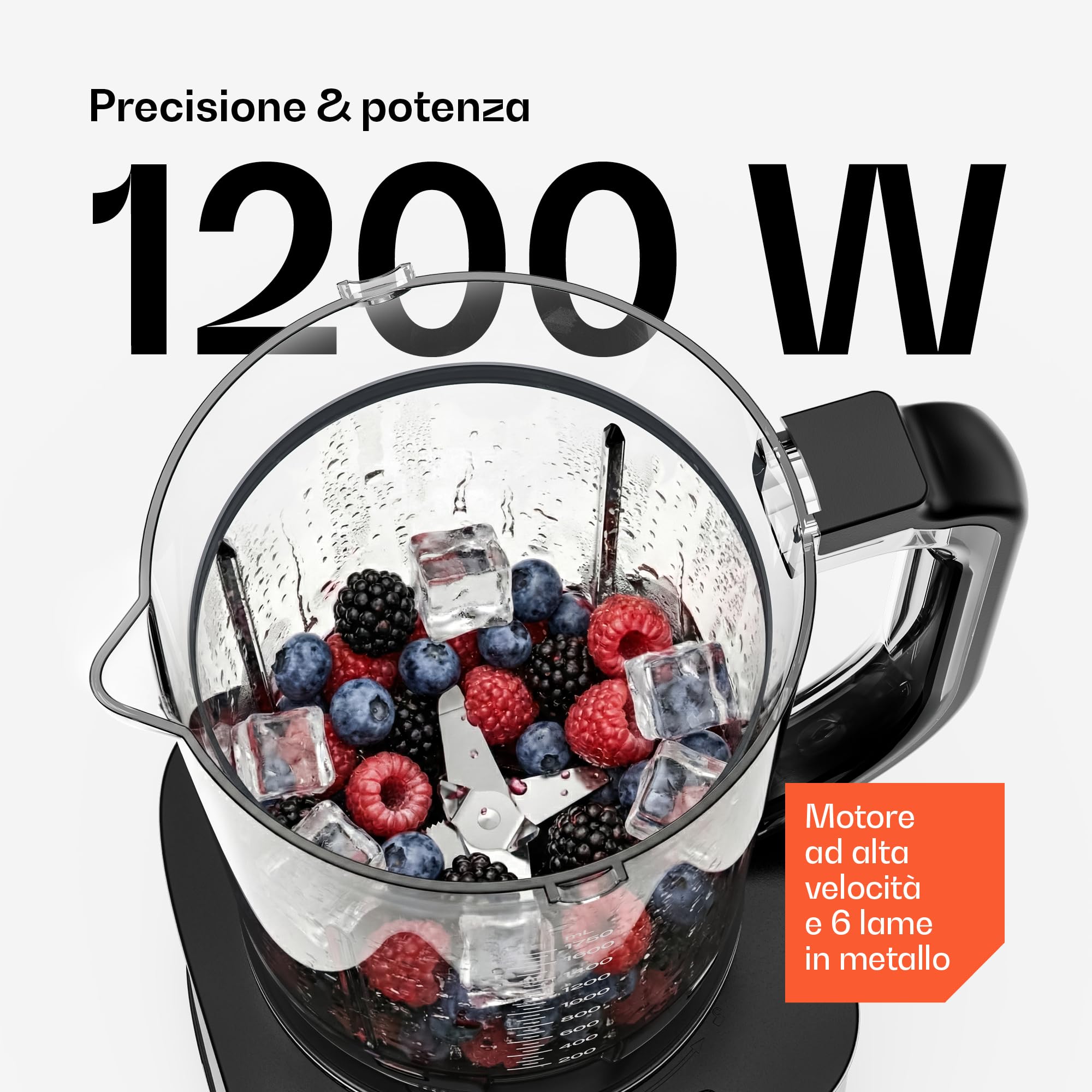 Klarstein Verosteel Robot da Cucina con Frullatore - Robot da cucina multifunzione da 1200 W, ciotola da 2 L, frullatore da 1,75 L, 10 velocità, 6 programmi, spremiagrumi e tritacarne