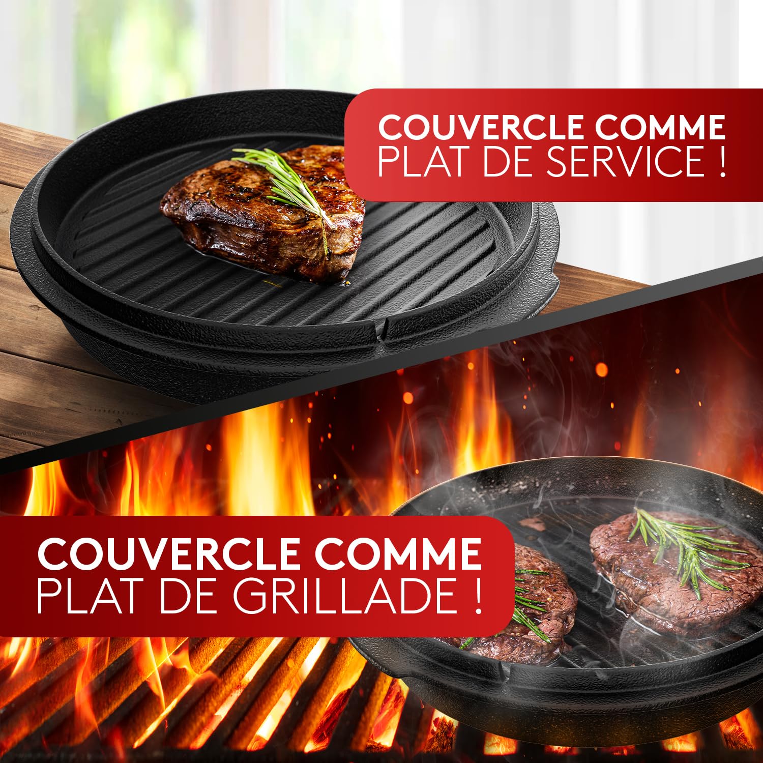 Taste of Fire L'Original Cocotte en Fonte Dutch Oven 7,4L avec Pieds Couvercle 1,8L Double Fonction Poêle à Griller Lève-Couvercle