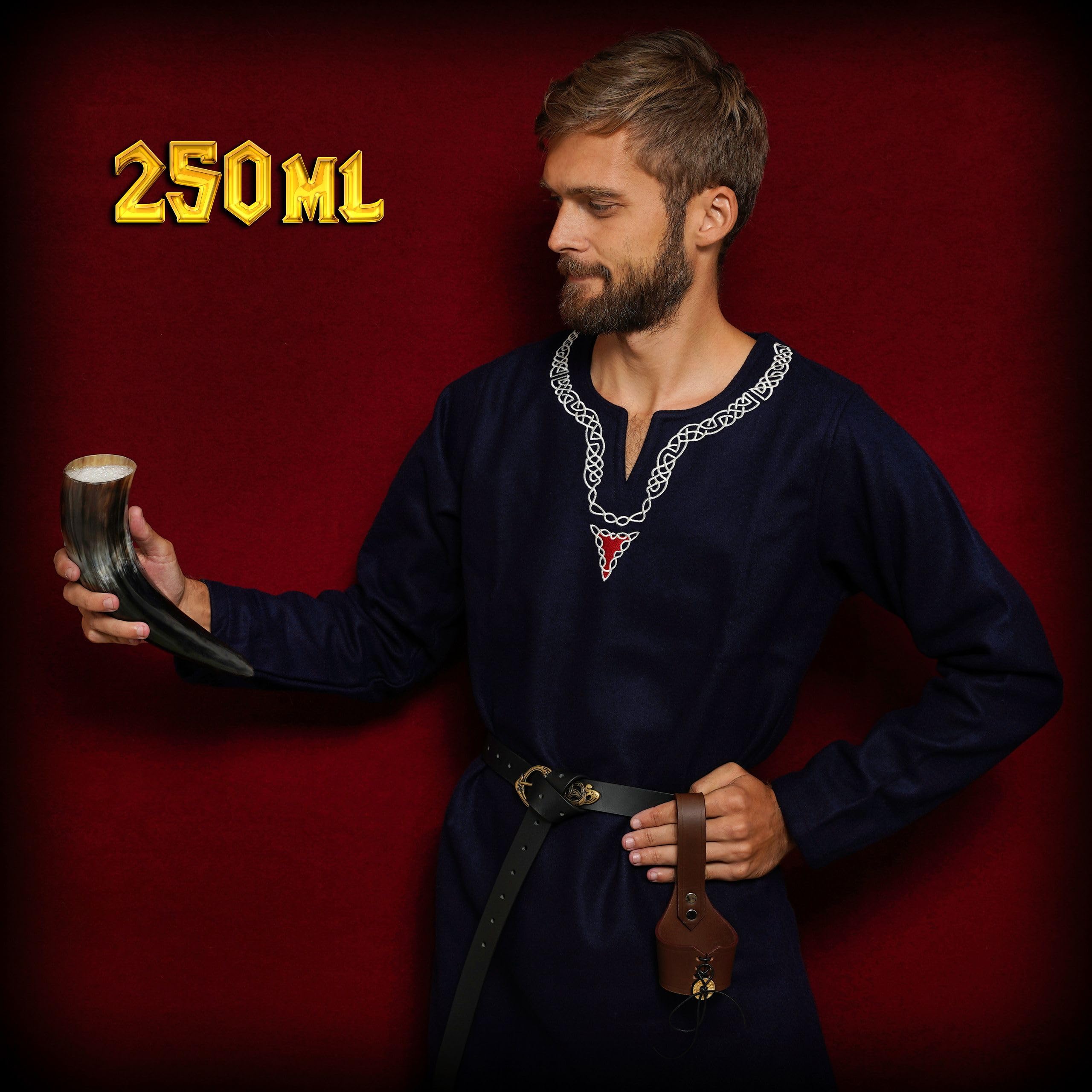 Mythrojan Cuerno vikingo nórdico medieval con bolsa de lona, cuerno natural 100% auténtico para beber cerveza, vino, whisky, hidromiel, cosplay, SCA, LARP, 250 ml