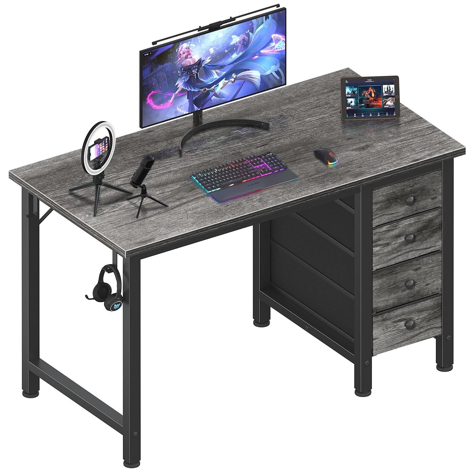 Lufeiya Small Gaming Desk with 4 Drawers, 40 Inch Kids Girls Teen Cute Study Desk for Bedroom, Reversible Work Computer Writing Table Desks for Small Space Home Office, Black: Grey 39.4"