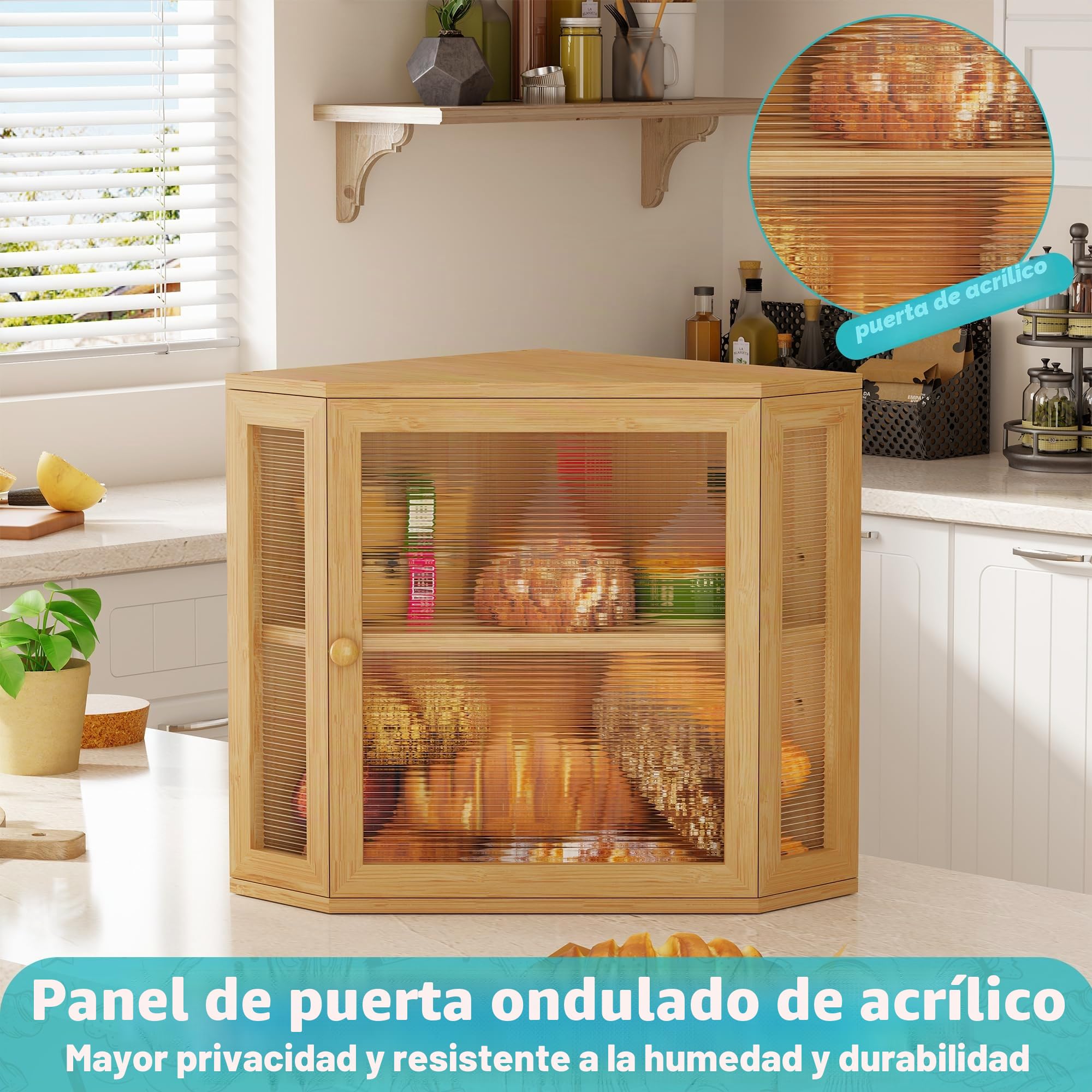 BEWISHOME Caja Para Guardar Pan de Bambú de 2 Pisos | Panera con Puerta Acrílica Ondulada Bread Bin 30 x 30 x 35 cm