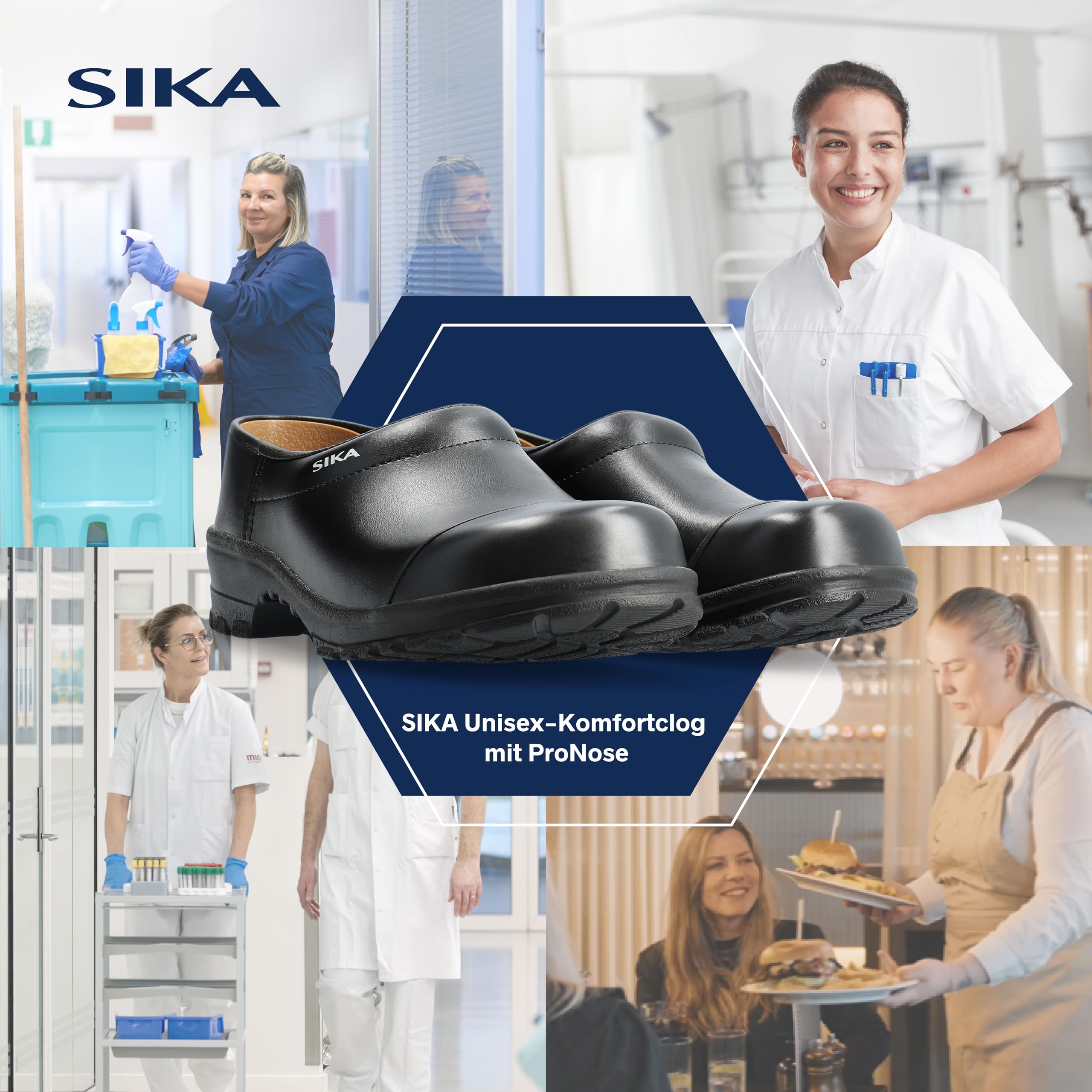 SIKA Unisex-Komfortclog mit ProNose, breitem Holzfußbett, rutschfesten medizinischen Clogs,Permair-Leder,stoßdämpfendenSicherheits-Arbeitsclogs für die Lebensmittel-,Reinigungs-&Dienstleistungsbranche