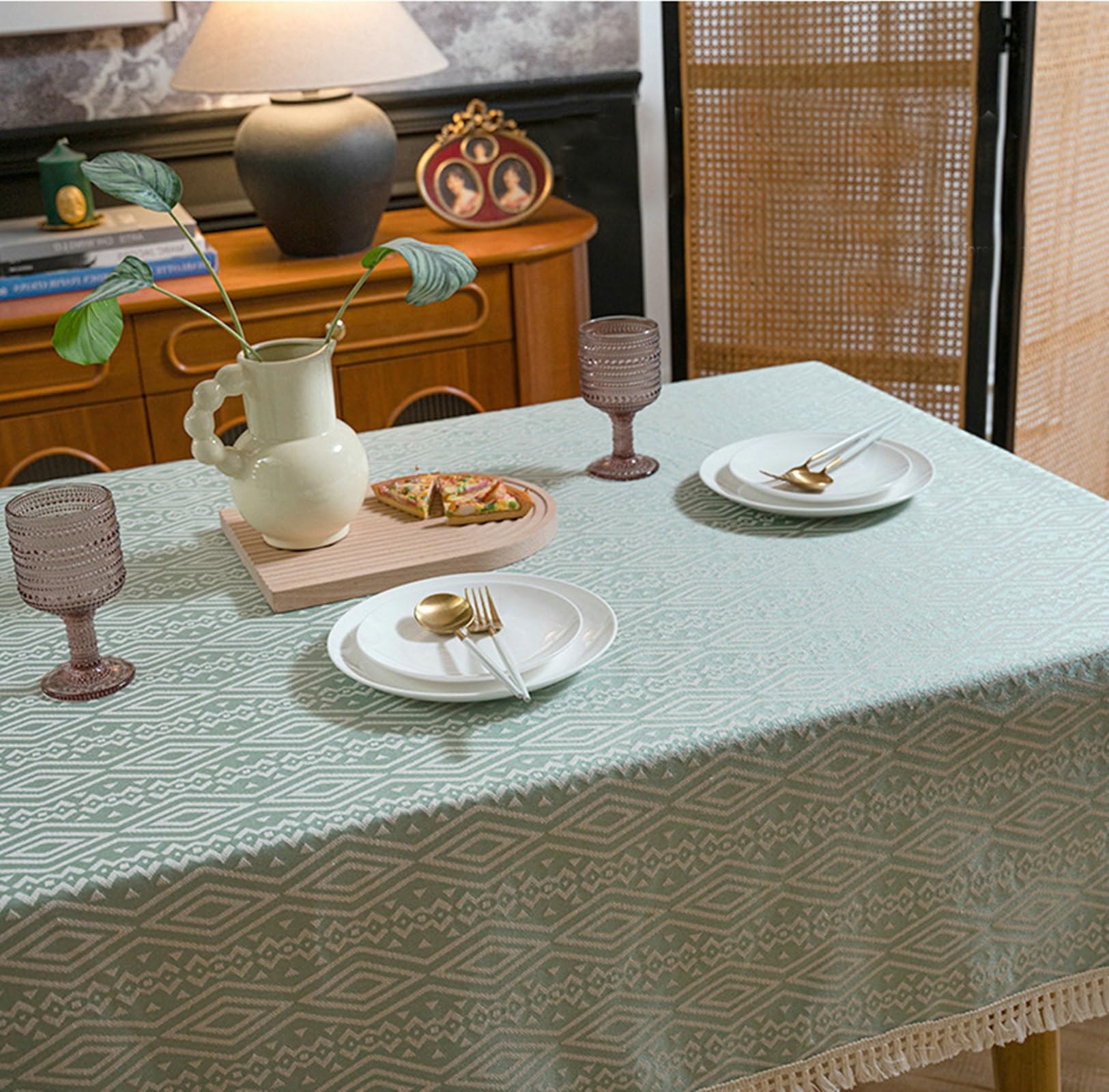 Mantel Cocina Antimanchas, 140 x 300 cm, Verde, Rectangular, Mantel Poliéster Tótem de Patrón Geométrico con Borlas