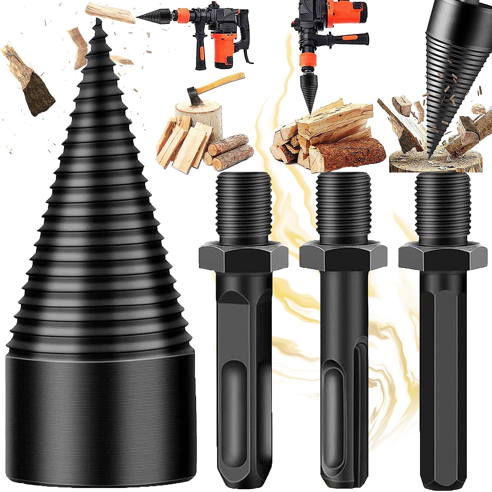 Divisor para Leña, Cortador de Madera para Leña, Brocas para Leña, Divisor para Leña de 42 mm, Brocas Divisoras de Troncos de Leña, Con 3 Asas de Taladro, Para Taladrar Madera(Negro)