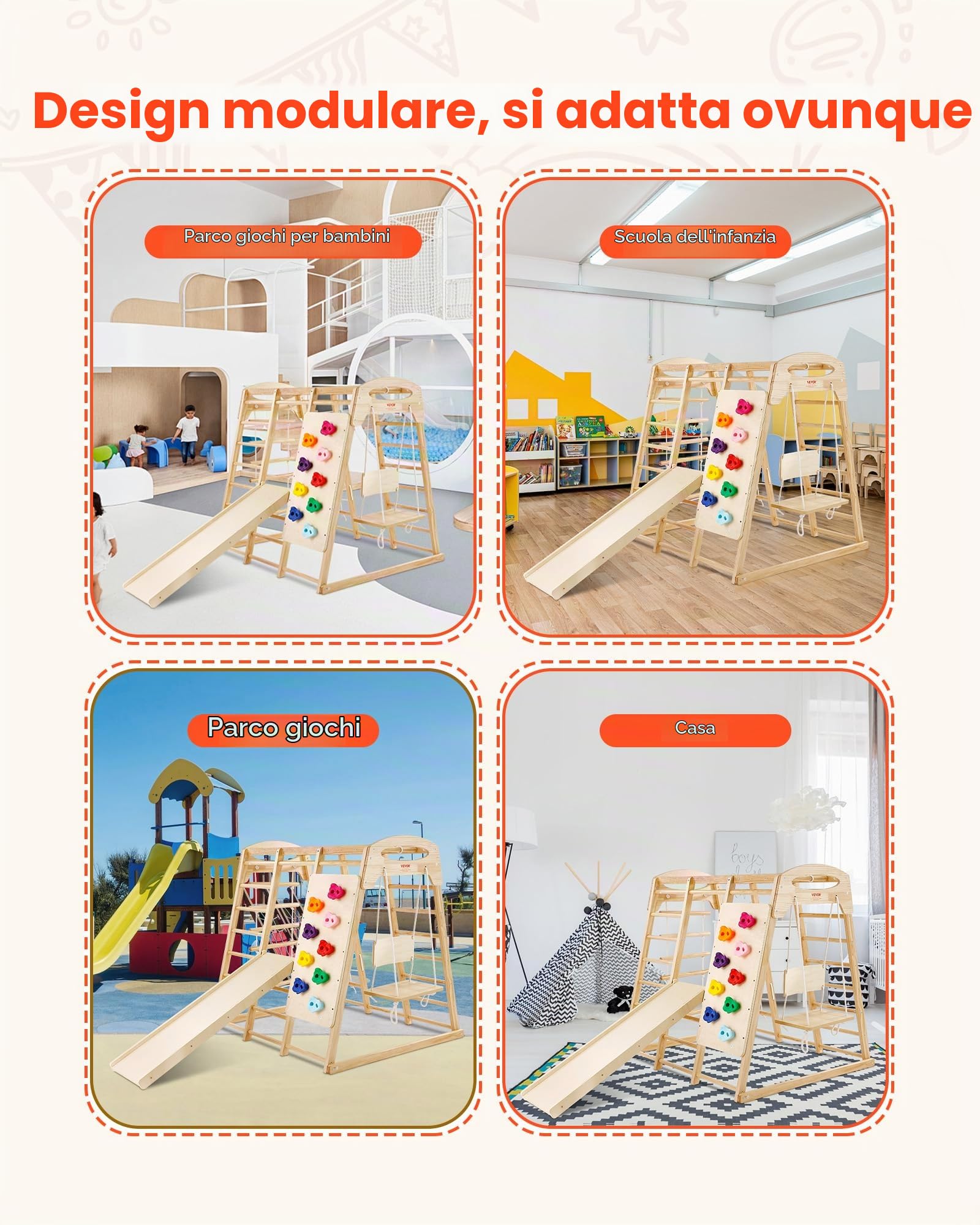 VEVOR Struttura da Gioco Interna 7 in 1 per Bambini, Palestra Multifunzionale con Scala in Legno e Corda Altalena Sbarra Scivolo Parete da Arrampicata, per Divertimento al Coperto con Più Bambini