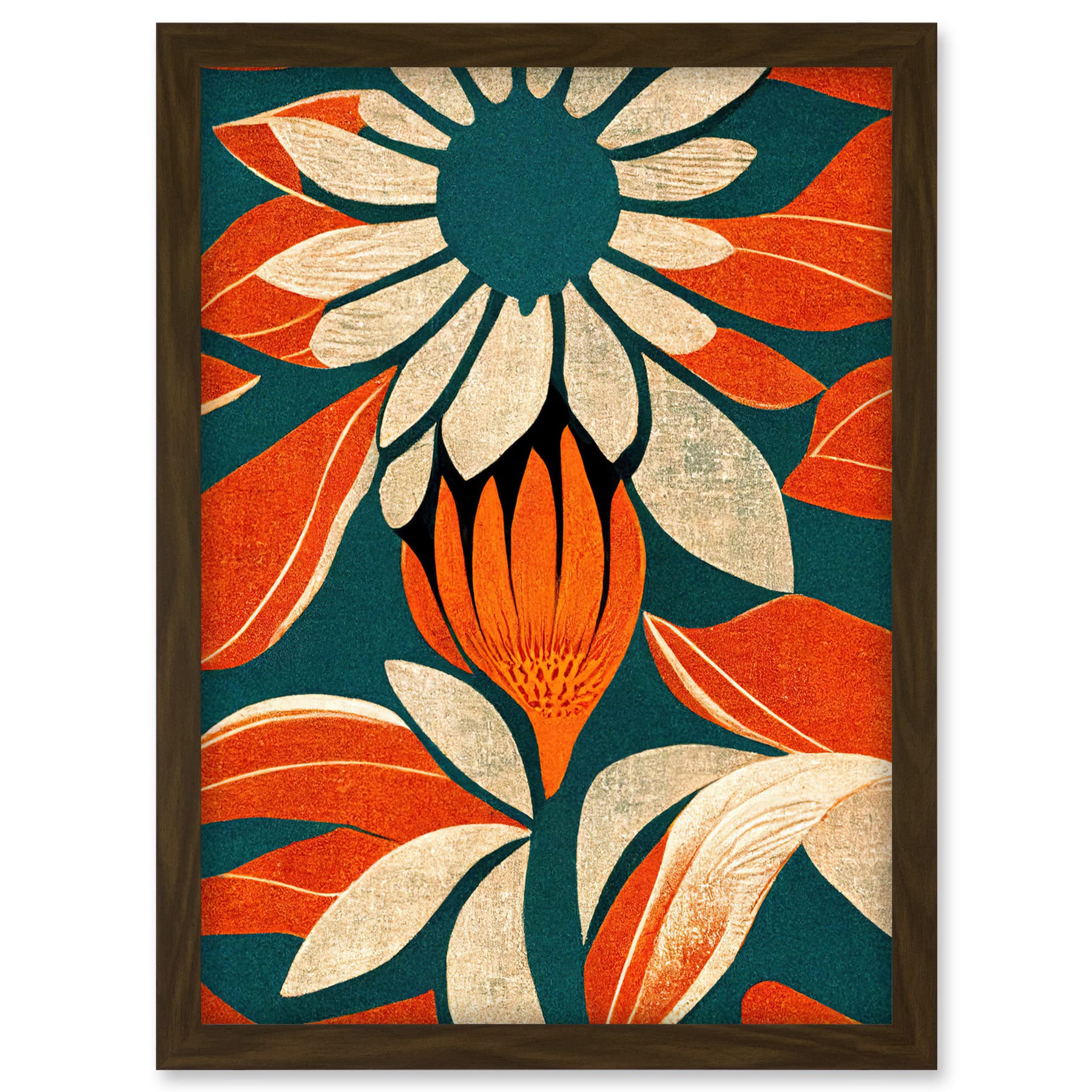 Doppelganger33 LTD Flower Design Teal Orange Abstract Linocut Artwork Framed A3 Wall Art Print